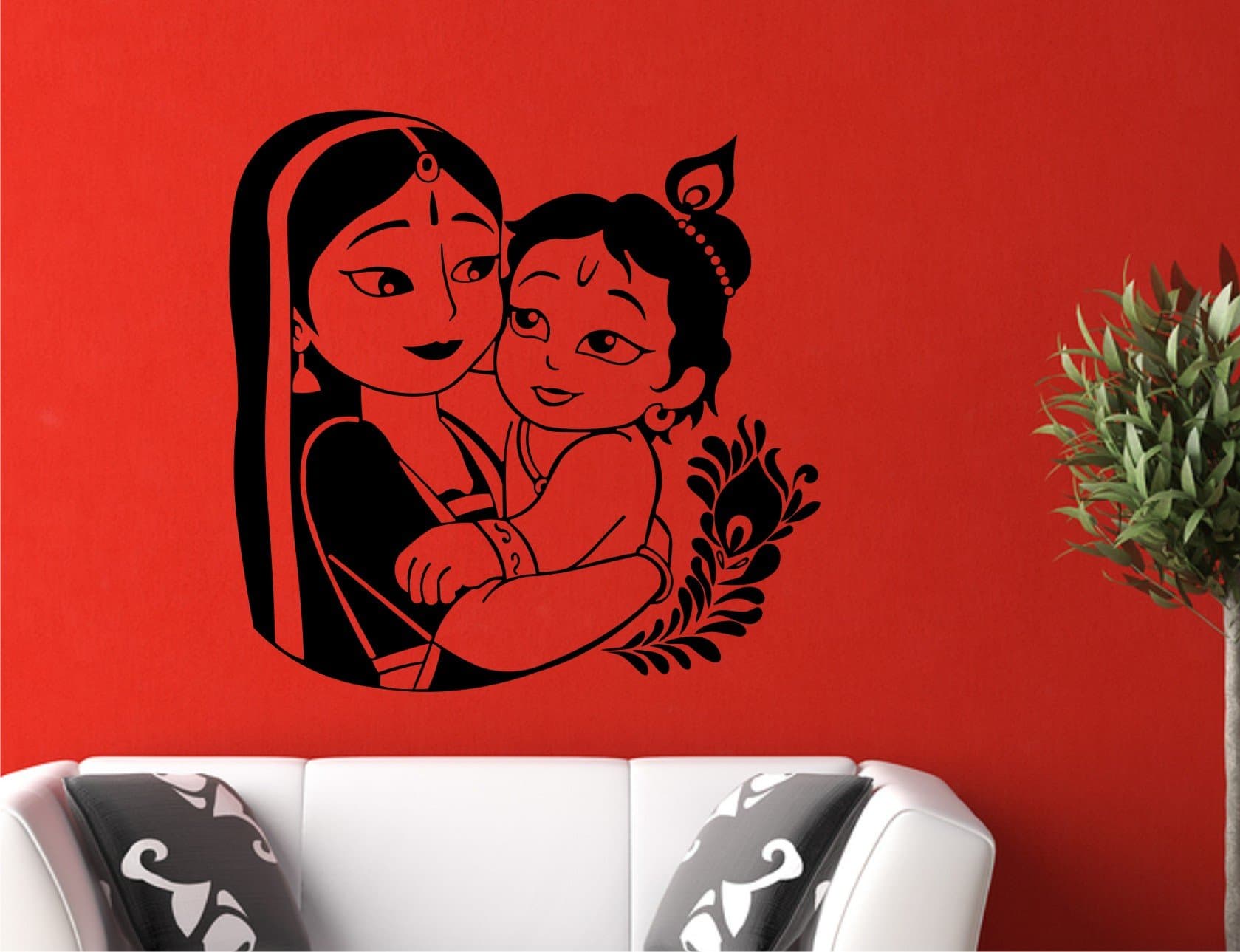Wall Guru MAA YASHODA Loving Krishna Size (61 * 58) Cm Vinyl Black Wall Stickers
