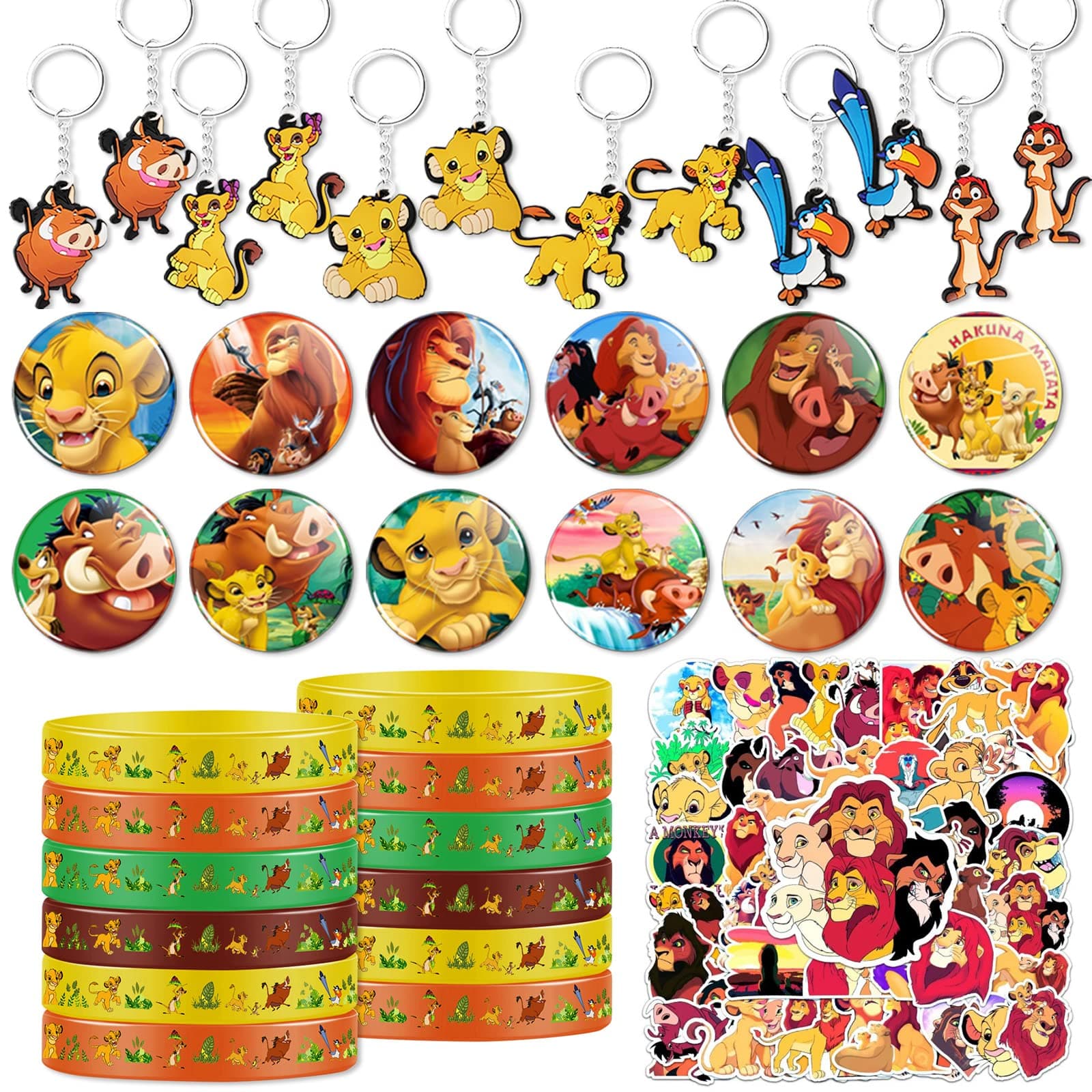 86PCS Cartoon Lion Party Favors Set,Jungle Lion Silicone Bracelet Keychain Stickers Buttons for Lion Theme Birthday Party Supplies Lion Goodie Bag Fillers