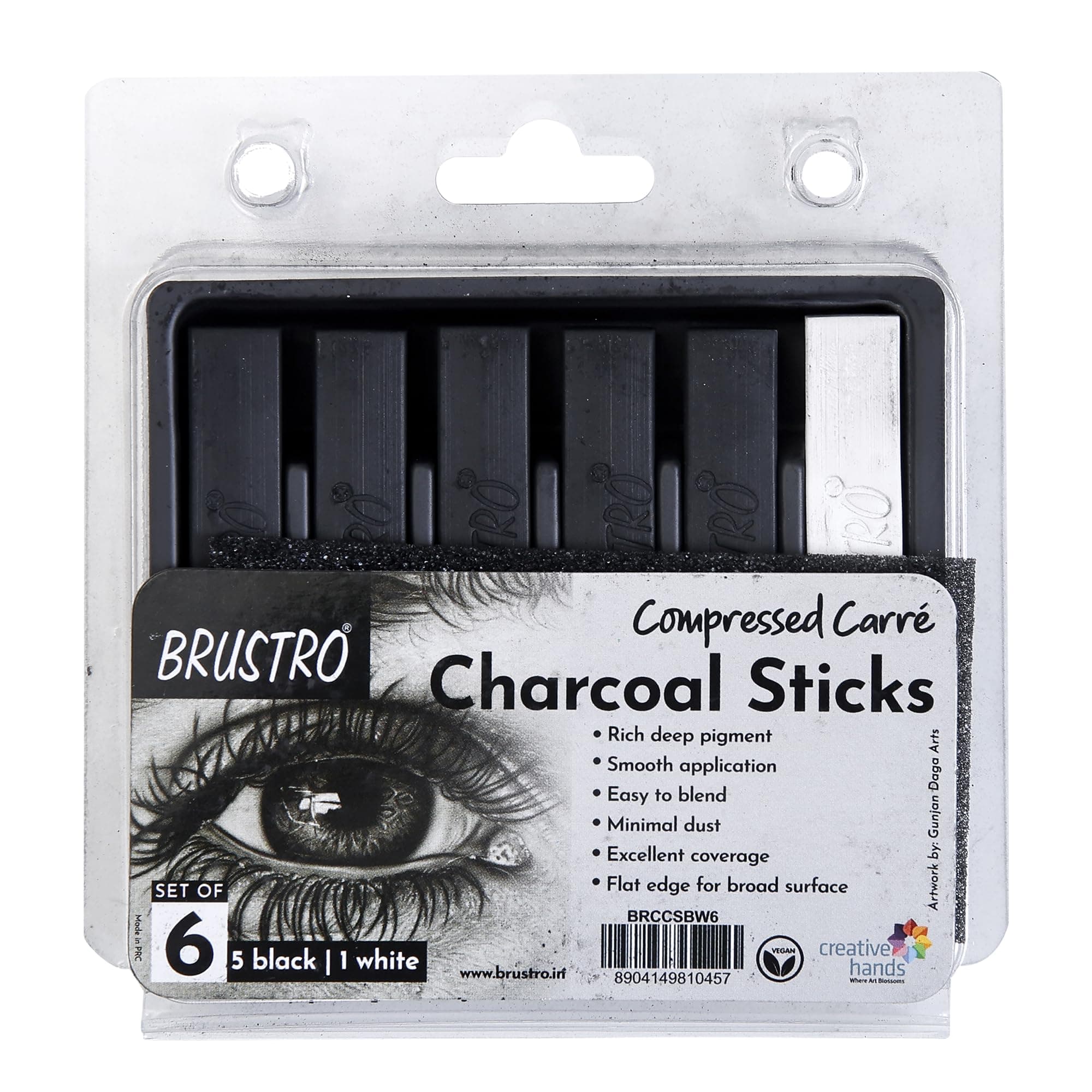 Artist Compressed Carre Charcoal Sticks - Set of 6 (5 Black & 1 White Stick) | Ideal for Portrait Charcoal Art, Sketching, Shading, Blending, Drawing, Craft, Professional use.