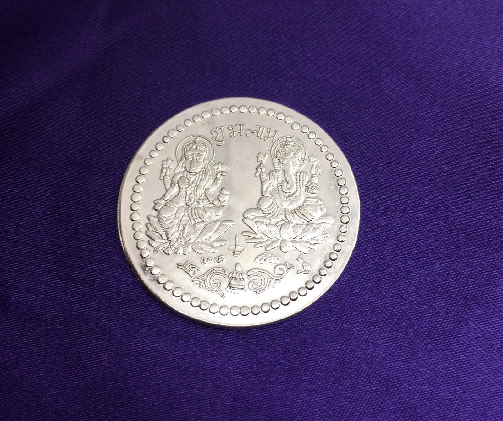 SHREE LAKSHMI GANESH PUJA COIN LORD GANESHA & GODDESS LAXMI ANTIQUE WHITE METAL