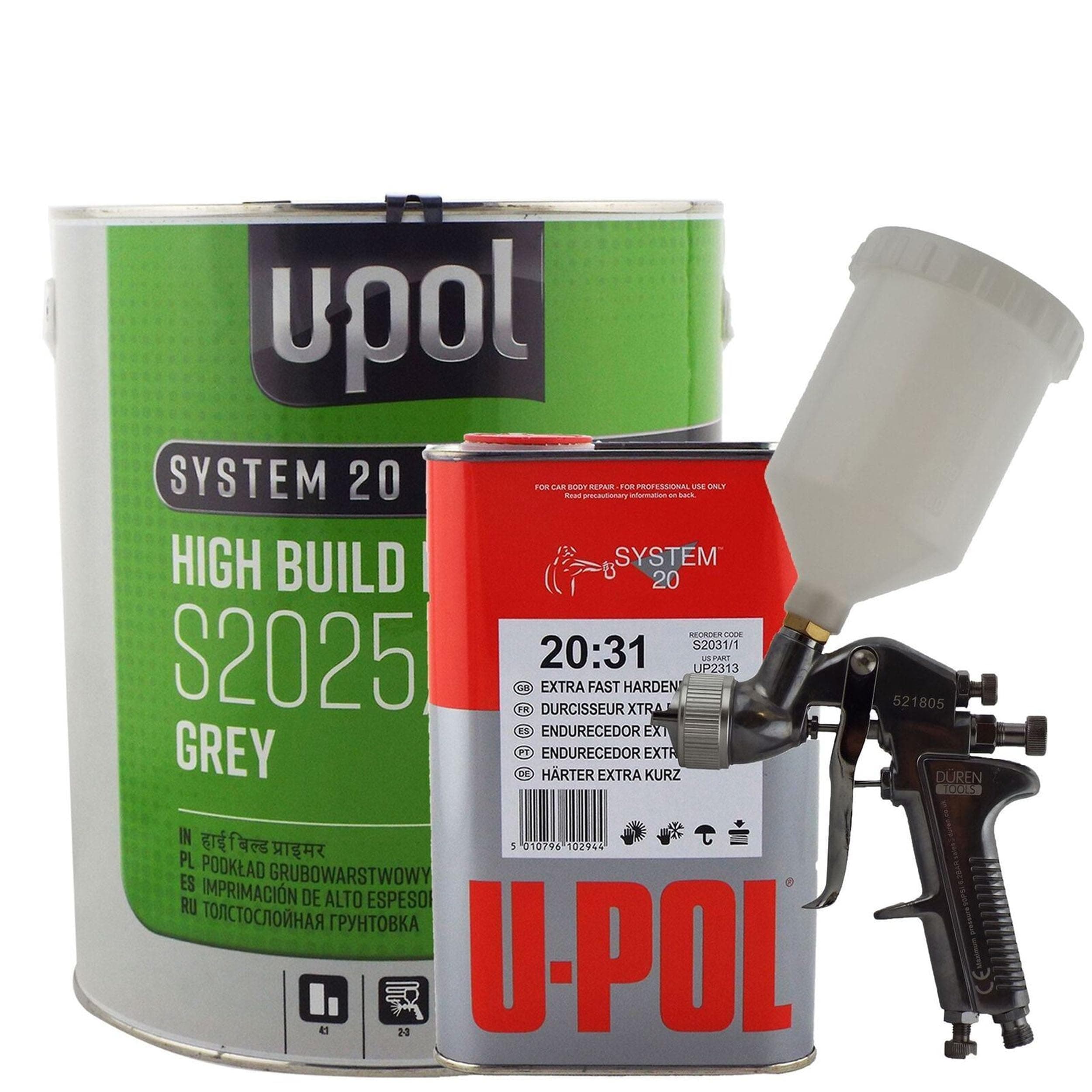 5 Litre Kit + Gun. Grey Primer 4L/Extra Fast Hardener 1L/Duren 1.8mm Tip Continential Gravity Spraygun Cup Size 600ml Ideal for Spot Repairs & Panel Repair Primer
