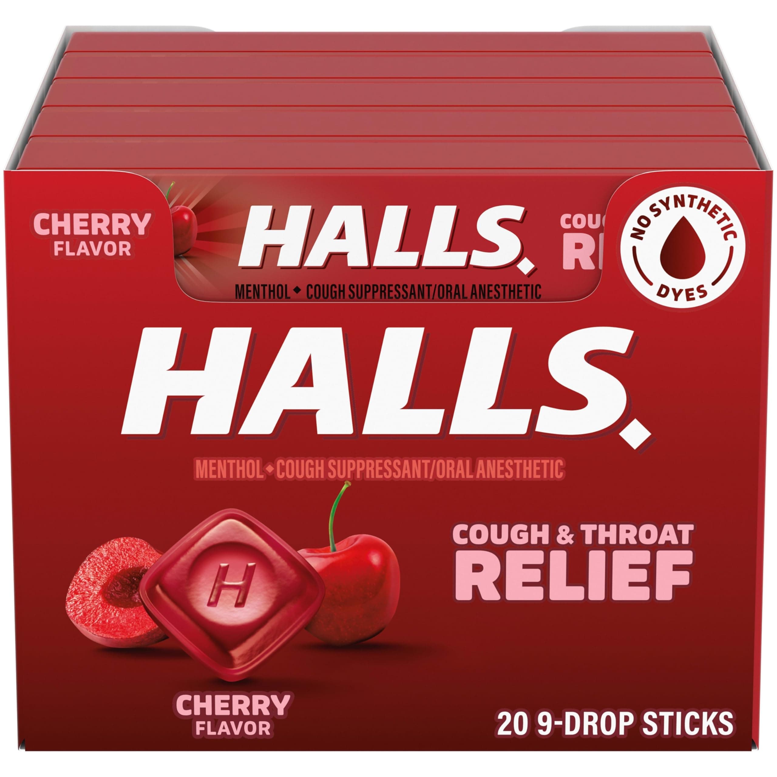 Cough and Throat Relief Cherry Cough Drops, 20 Sticks of 9 (180 Total Drops)