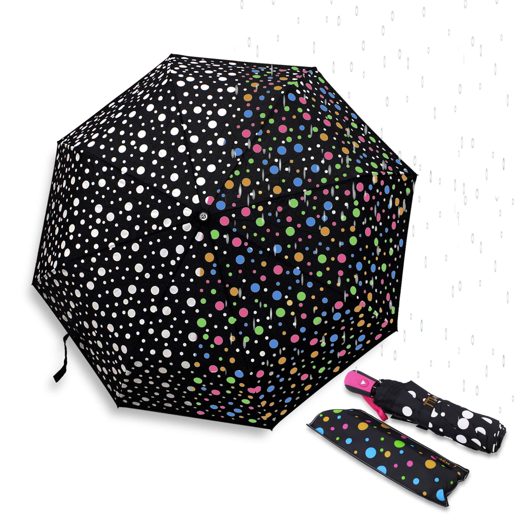 Color Changing Umbrella With Cute Polka Dots Pattern Automatic Open Close Button Portable Light Weight Windproof Good Gift for her B11997 (Color will be Randomly selected)