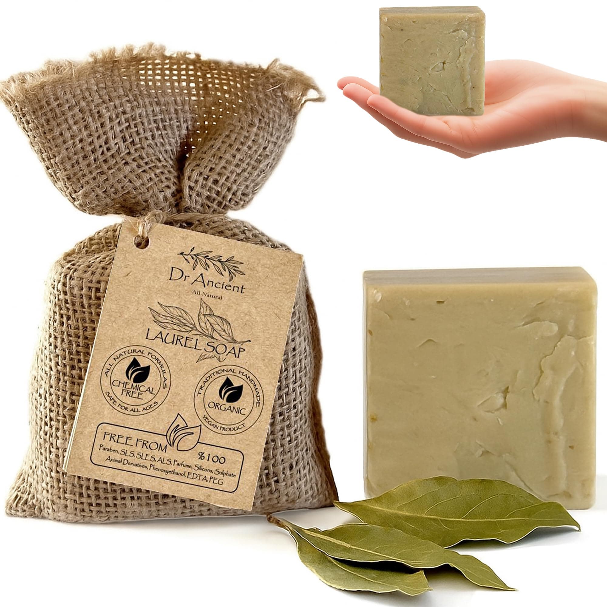 Dr.Ancient Aleppo Laurel Soap Bar, Organic Soap Bars Handcrafted the Traditional Way, Natural Chemical-Free, Vegan, Used for Face Wash, Body Wash, Hand Cleansing and Daily Skin Care, Gentle Cleanser