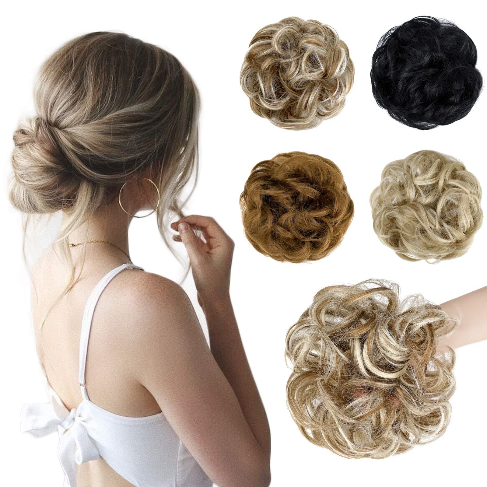 XBwig Messy Bun Hair Piece Extensions Wavy Curly Donut Scrunchie Chignons Synthetic Updo Wig Hairpiece for Women Ash Blonde Mix Bleach Blonde