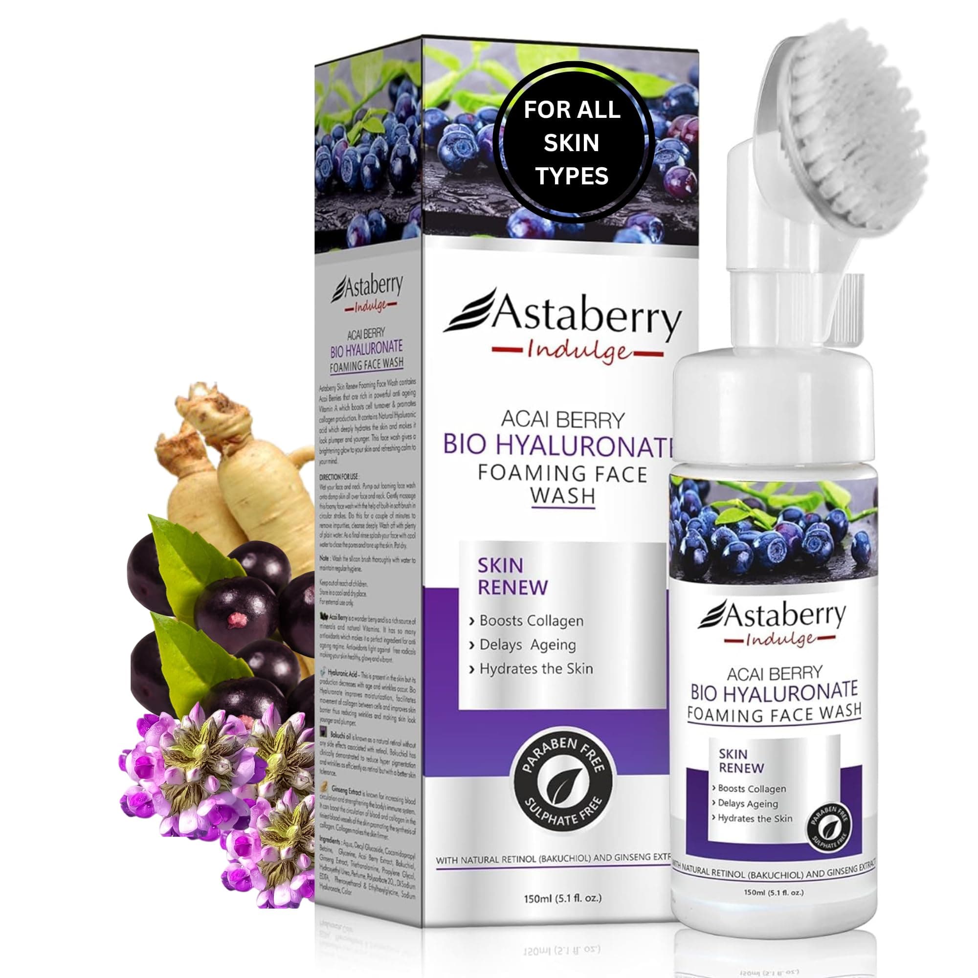 Astaberry Indulge Acai Berry Bio Hyaluronate Foaming Face Wash 150 ml with Silicone Brush Deep cleanses | Makes your skin look younger and plumper