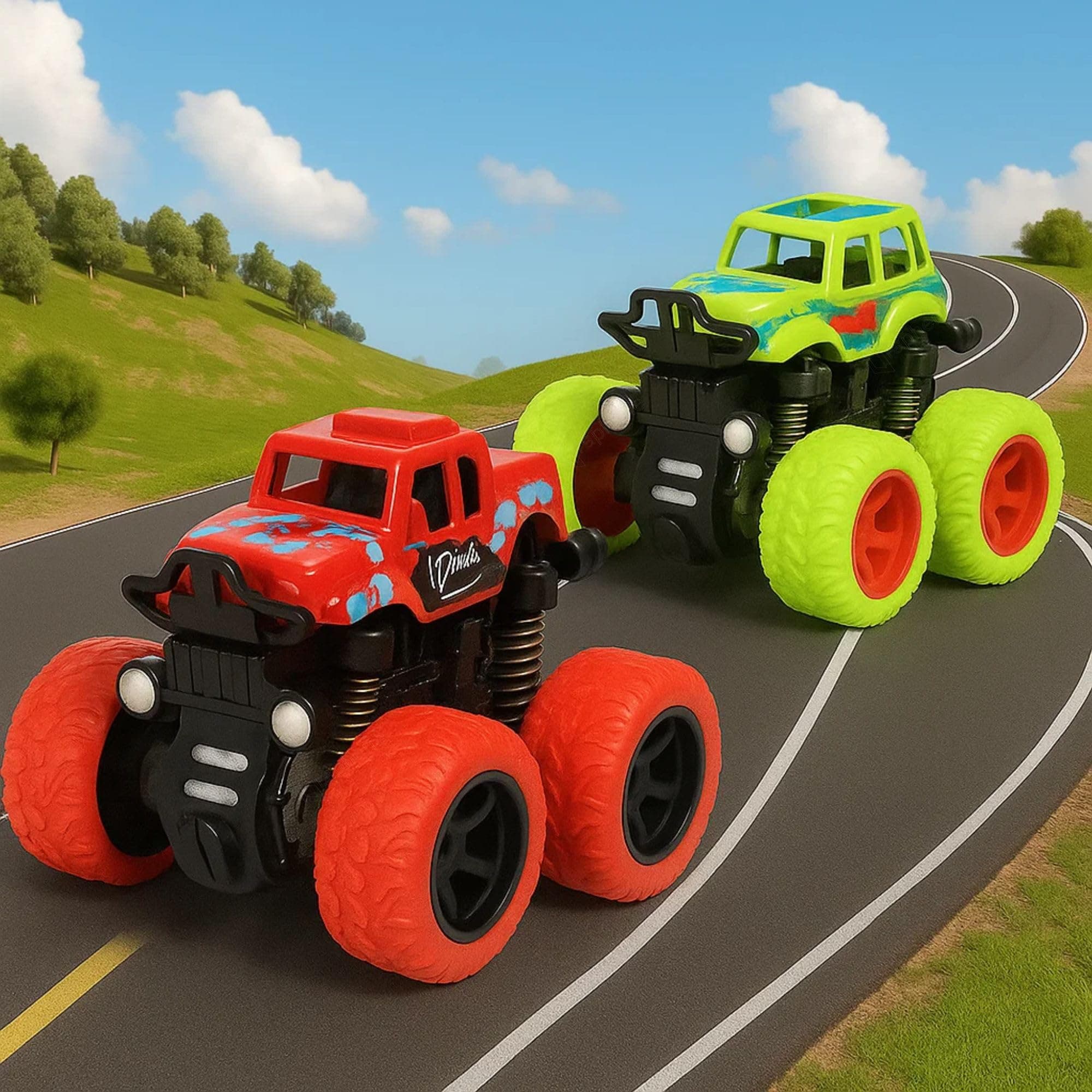 GRAPHENE Pack of 2 4x4 Monster Truck Toy Set for Boys 3-7 Years Old 4WD Friction Powered 360° Stunt Cars ToysPullback Action Durable High-Density Alloy Plastic Educational Toy Gift 2+ Years Boy Girl