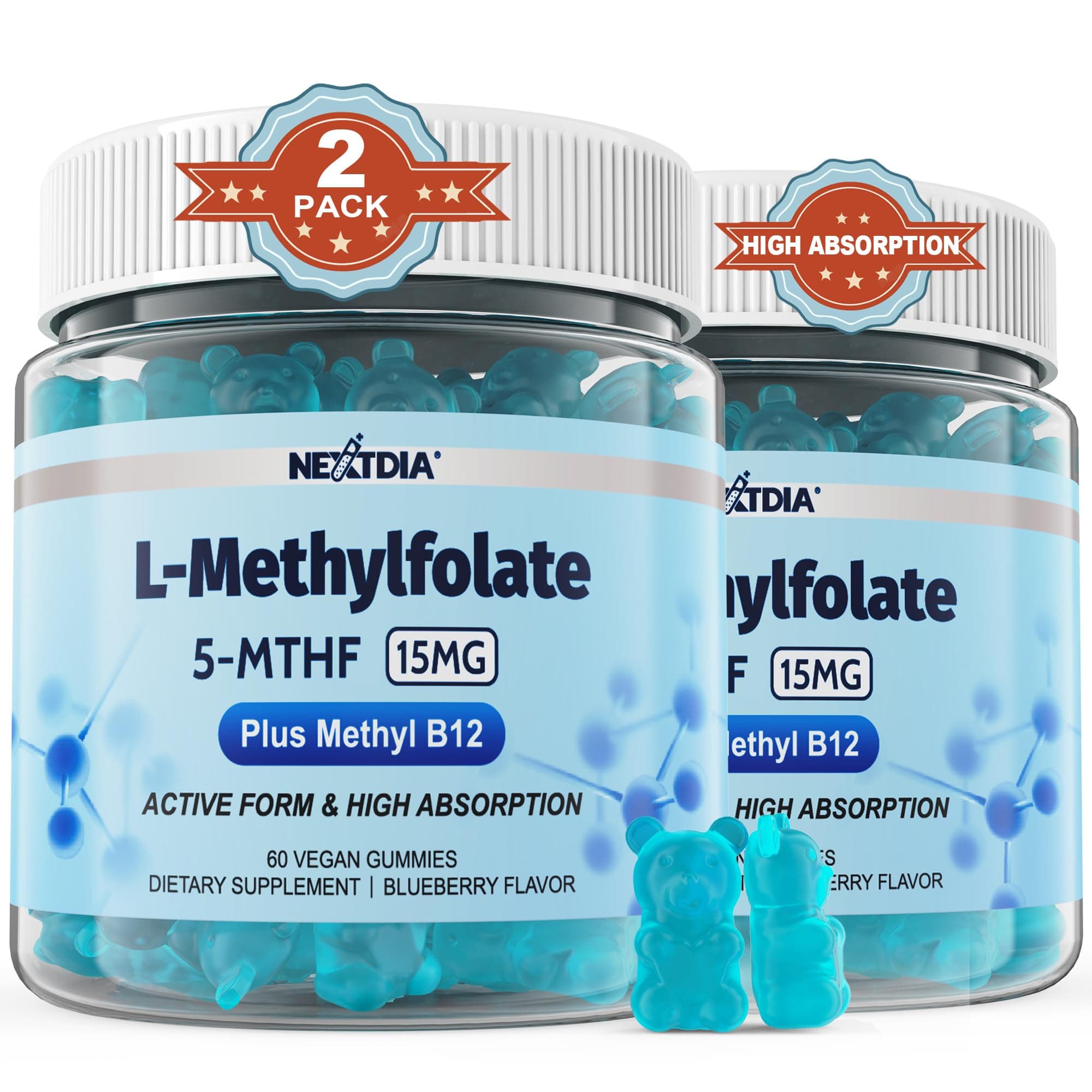 - L-MethylFolate 15mg & Methyl B12 Gummies, Methylated B1, B2, B6 Multivitamins - Active 5-MTHF & High Absorption - Supports MTHFR Gene, Cognition, Homocysteine Levels, Folate Metabolism, Vegan, 120 Cts
