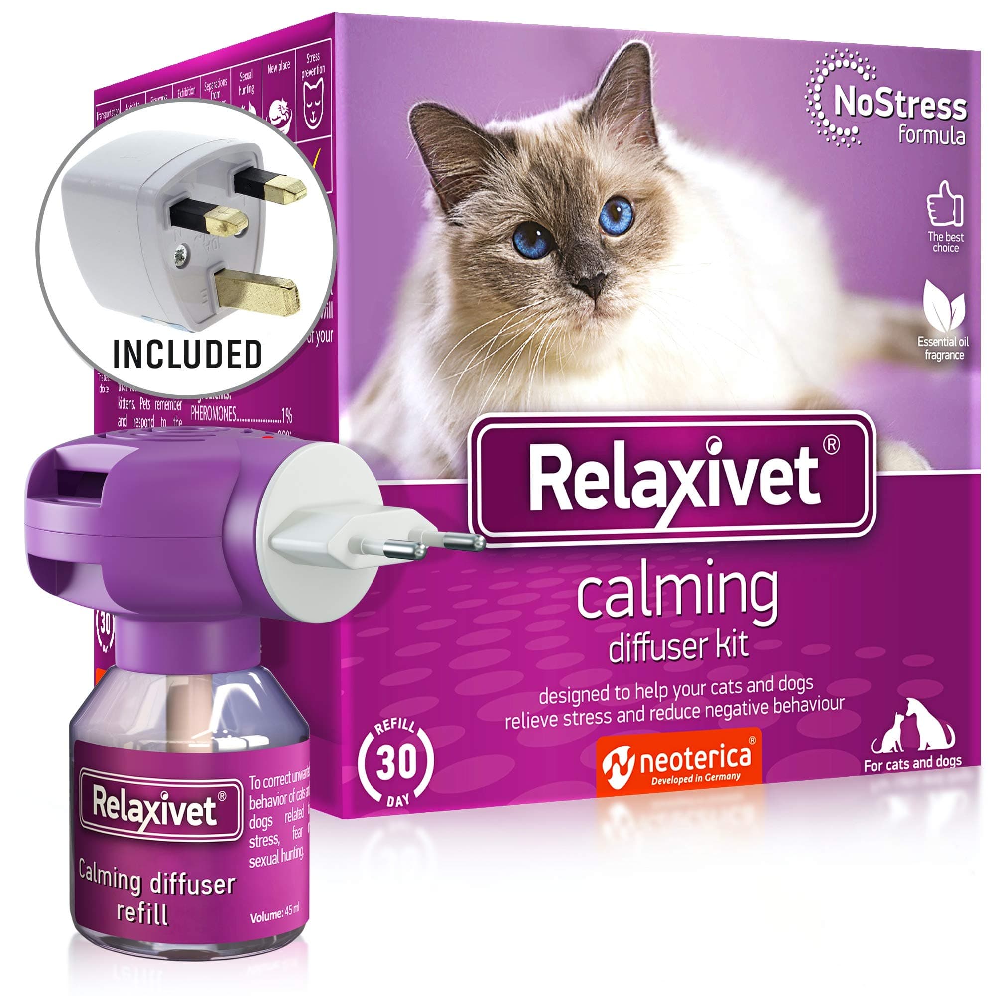 Relaxivet Natural Cat Calming Pheromone Diffuser - Improved No-Stress Formula - Anti-Anxiety Treatment #1 for Cats and Dogs with a Long-Lasting Calming Effect (Diffuser + Refill)