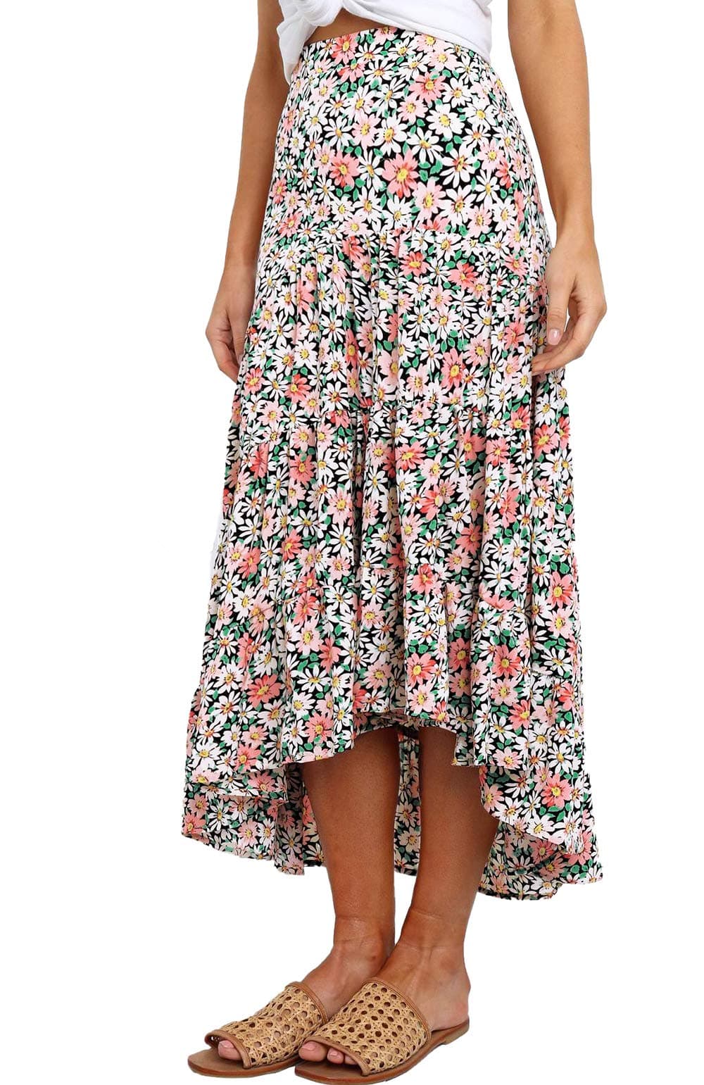 Women's Ditzy Floral Print Midi Skirt Boho Elastic High Waist Long Skirts for Women Trendy High Low Hem