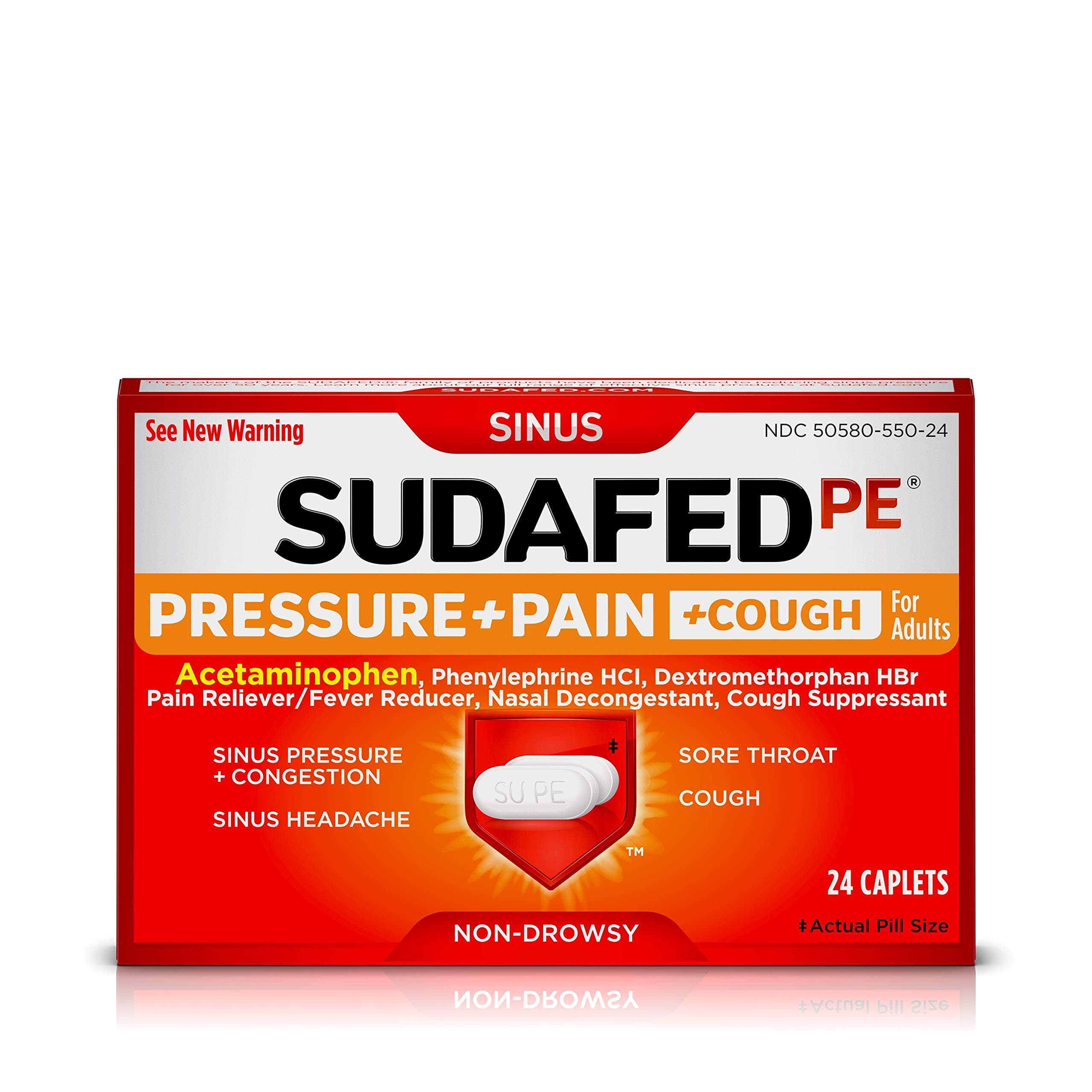 Sudafed PE Pressure + Pain + Cough Caplets, Sinus Pressure, Sore Throat, Nasal Congestion Relief, 24 Count