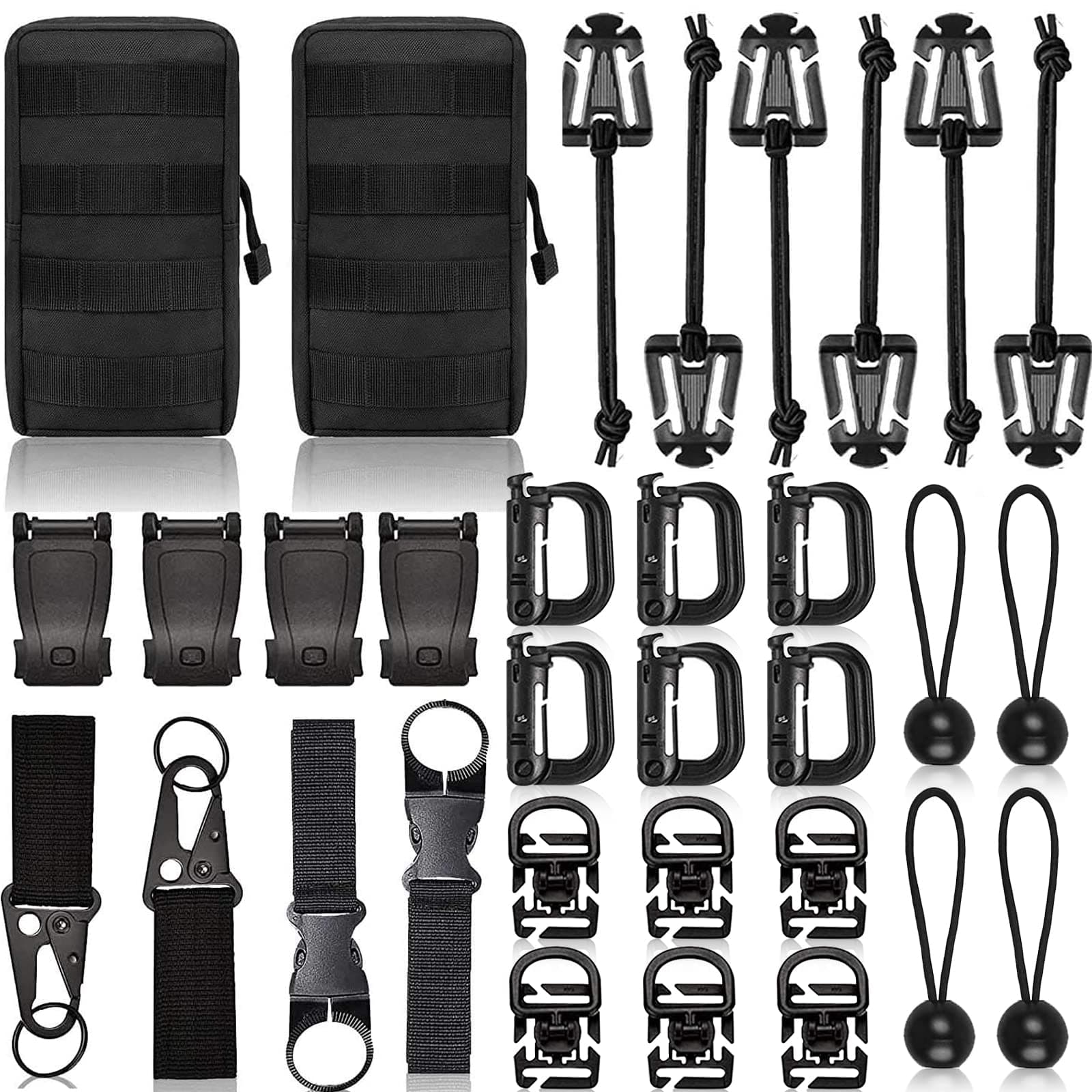 Molle Backpack Attachments Kit of 28 Accessories, D-Ring Grimloc Locking Gear Clip Web Dominator Elastic Strings Strap