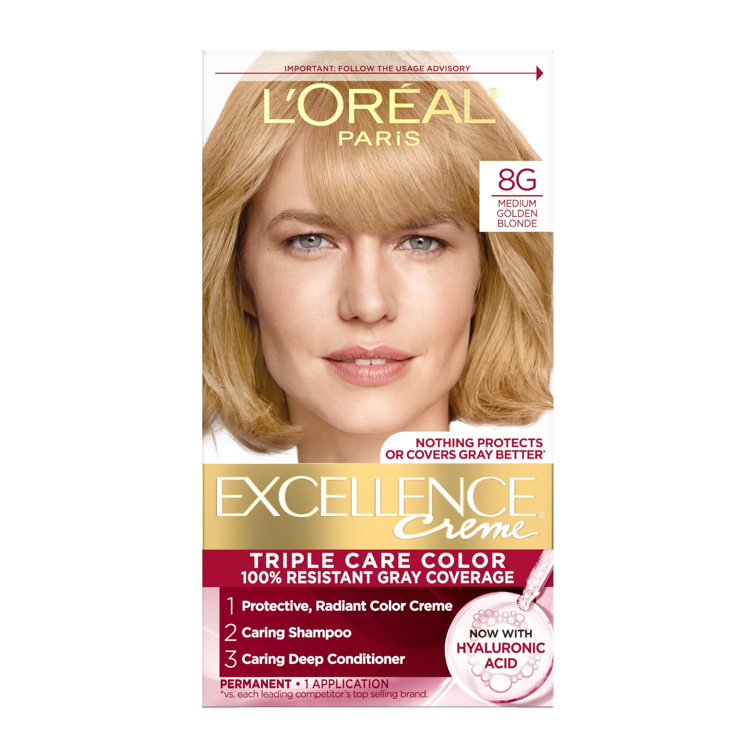 Excellence Crème Permanent Hair Dye, Triple Care Hair Color with Hyaluronic Acid for 100% Gray Coverage, 8G Medium Golden Blonde, 1 Kit (Packaging May Vary)