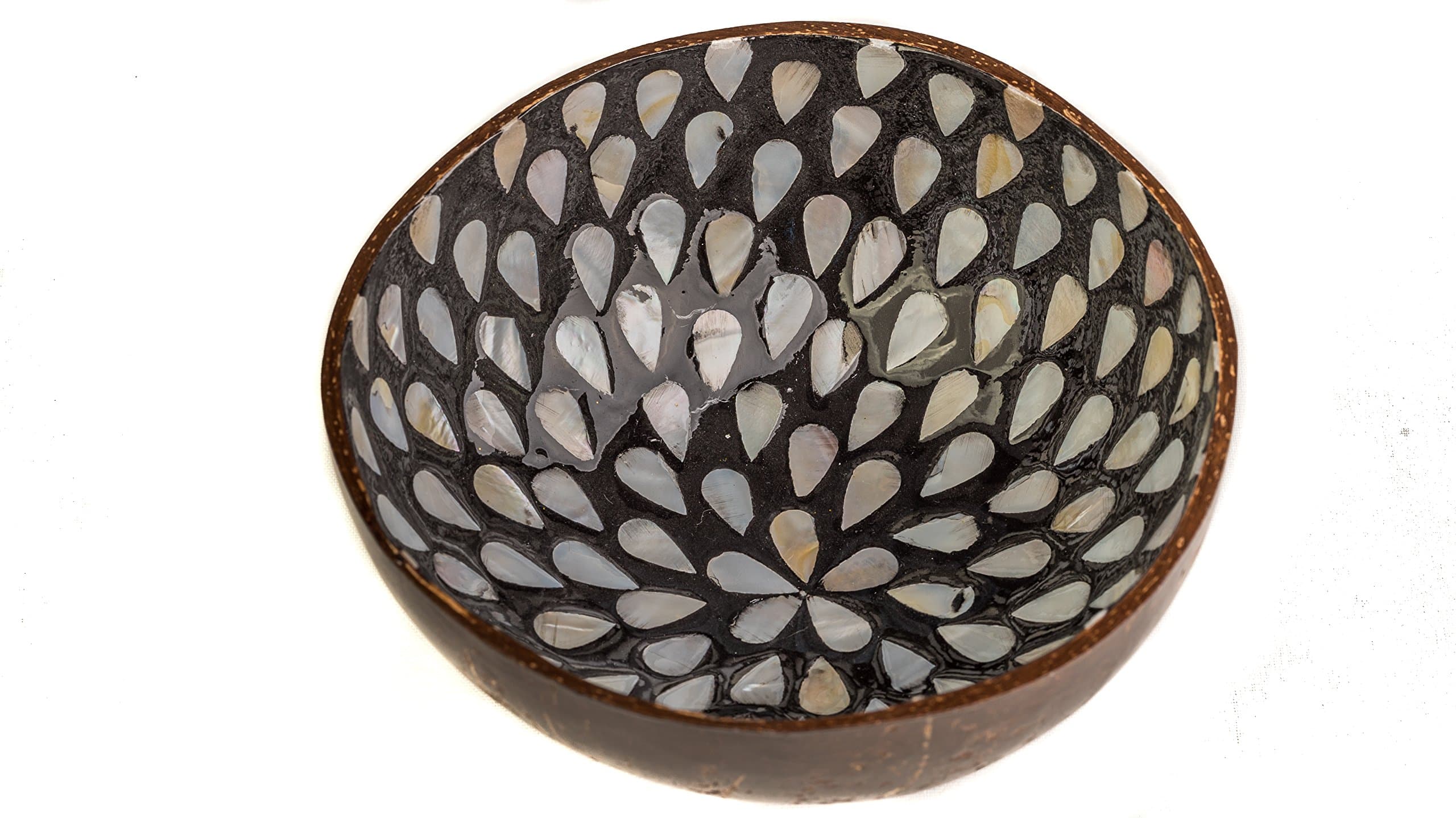 WhimMarket Beautiful Decorative Handmade Vietnamese Lacquered Natural Coconut Shell Bowls with Eggshell, Mother of Pearl, Gold and Silver Leaf Inlay (Black Shell Inlay)