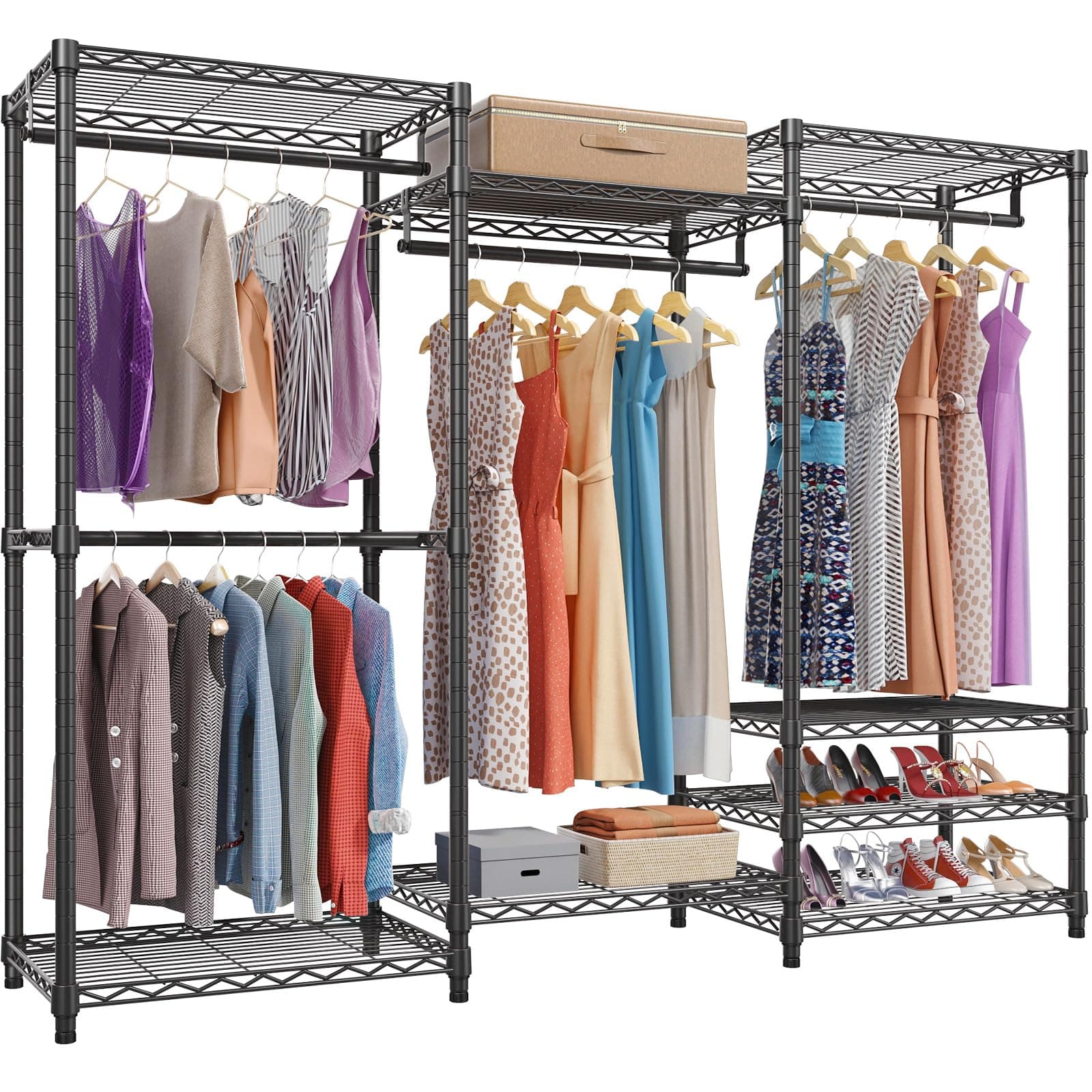 VIPEK V5 Portable Closet Wardrobe Heavy Duty Clothes Rack, Freestanding Clothing Rack with 4 Hang Rods & 8 Shelves, Adjustable Closet Racks, 68.9" L x 15.7" W x 76.4" H, Max Load 890LBS, Black