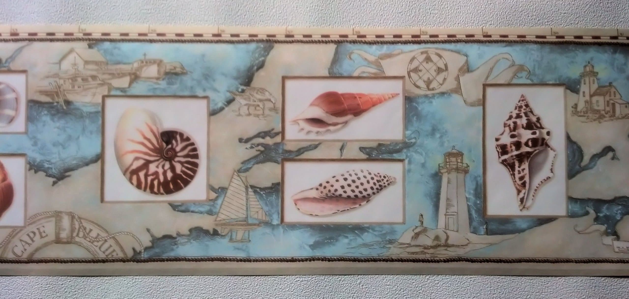 Wallpaper Border Nautical Map Sea Shells & Lighthouses Peach, Blue on Tan