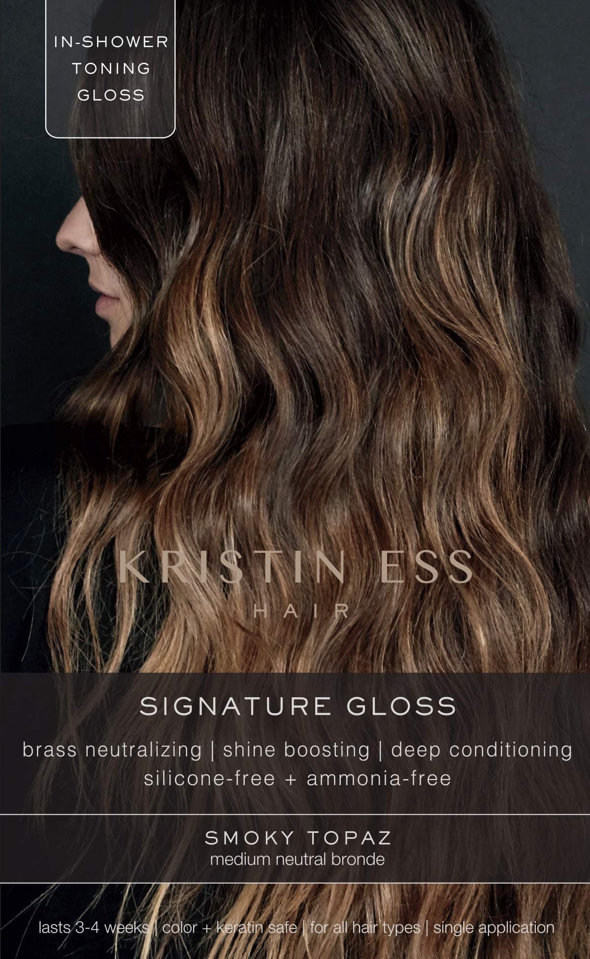 Kristin Ess Hair Gloss in Smokey Topaz Medium Neutral Blonde - 4 Wk Semi Permanent Hair Dye Glaze - Color Depositing Conditioner & Toner for Vibrant Shine & Gloss - Vegan, Silicone & Ammonia Free