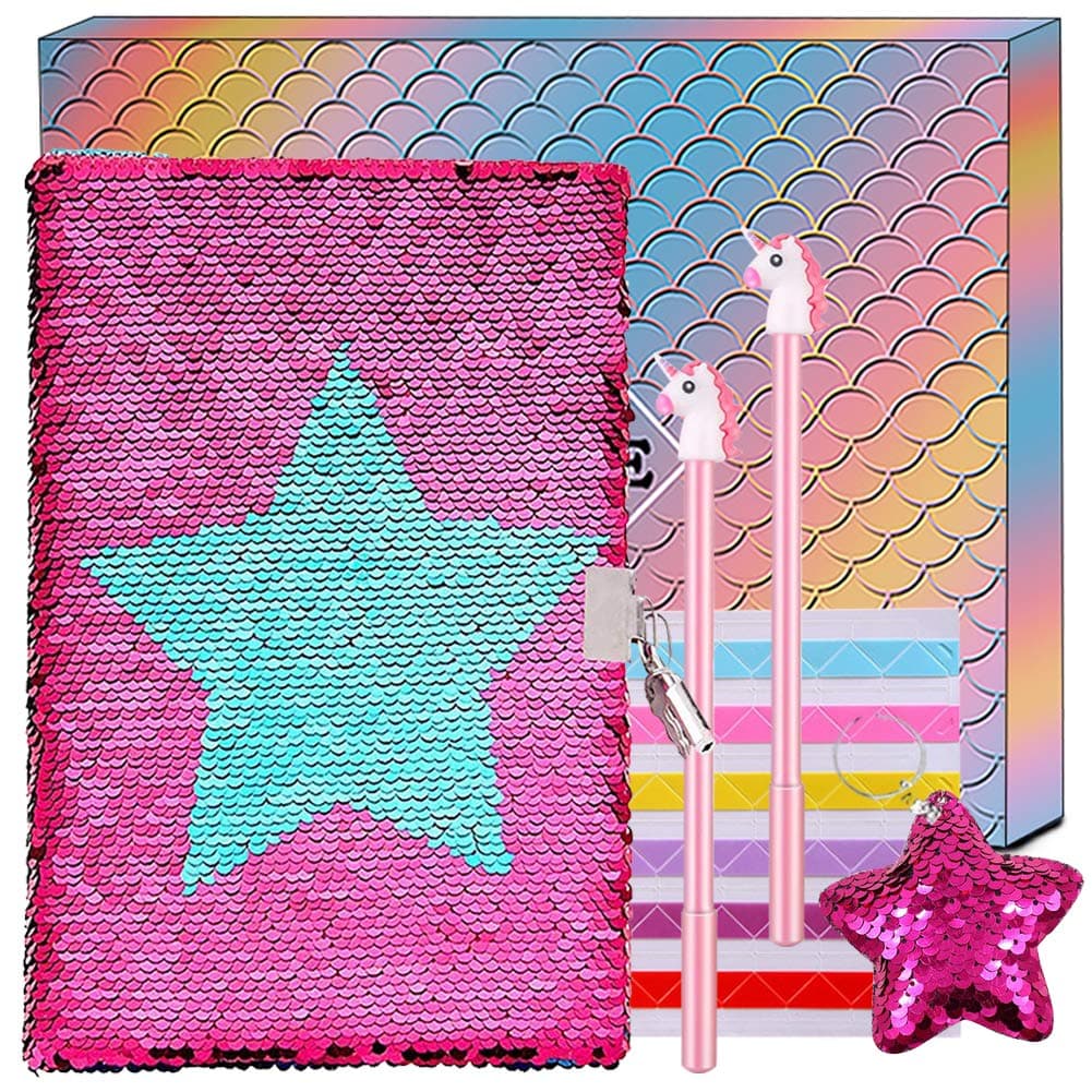 Sequin Notebook Girls Secret Diary Pink Journal and Pens Writing Stationery Set Lockable Notepad with Sequin Keychain Birthday Christmas for Girls Kids (Star)