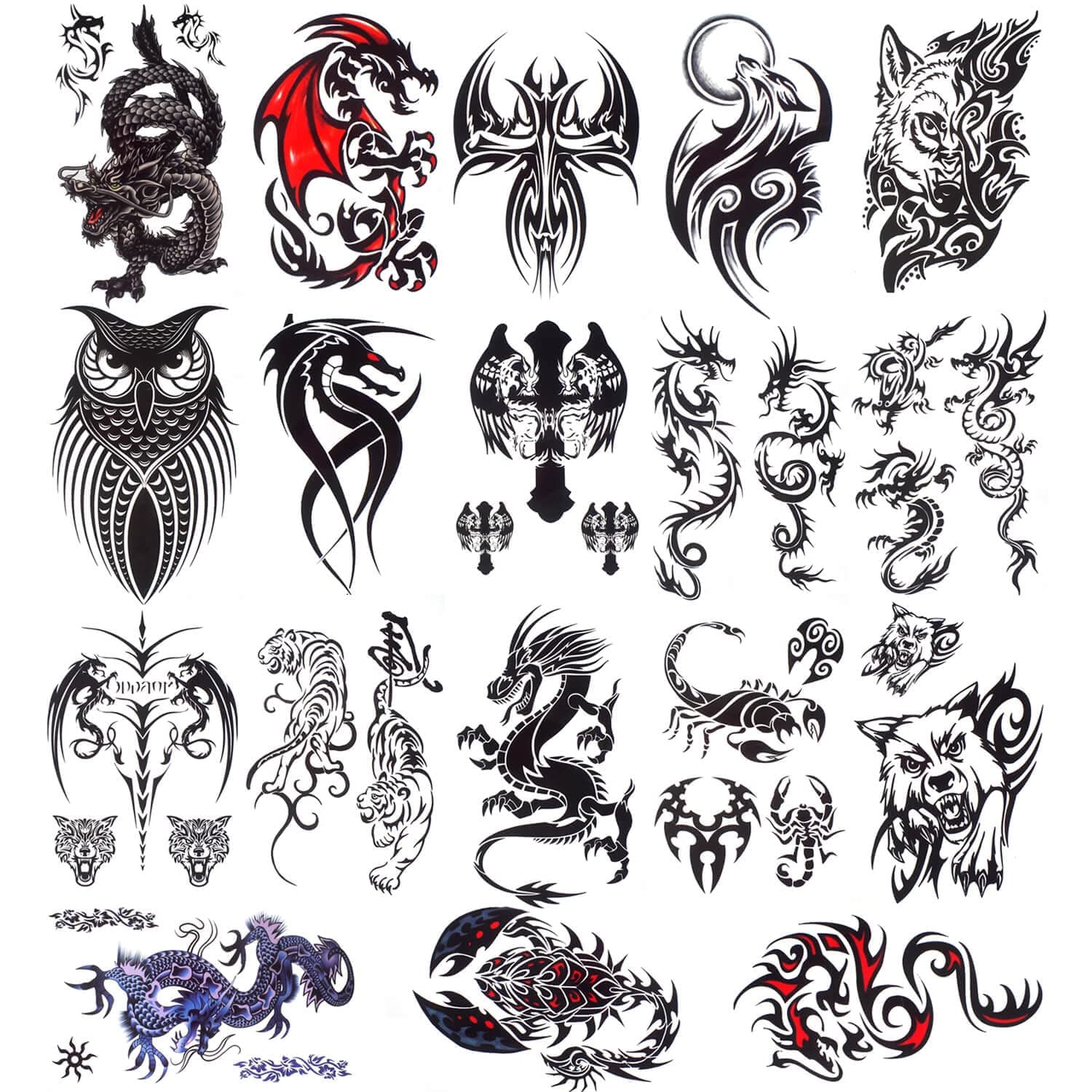 18 Sheets Dragon Black Temporary Tattoos for Men Teens, Animal Scorpions Wolf Owl Dark Tribal Tiger Cross, on Arm Shoulder Hand Leg Back Body Art 4.7''x7.5''