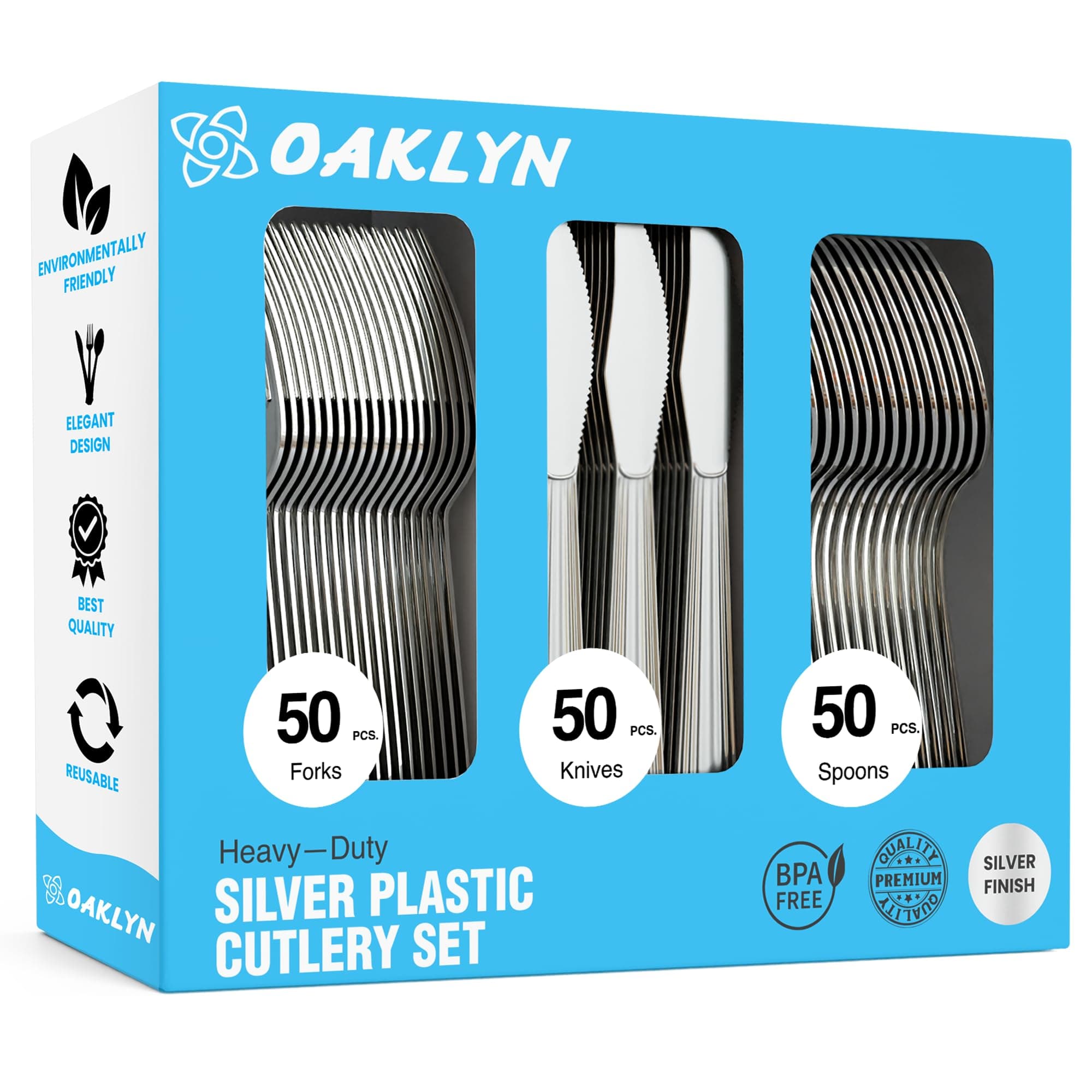 Plastic Silverware 150 Count - 50 Forks, 50 Spoons, 50 Knives BPA-Free, Premium Plastic Utensils Heavy Duty for Parties, Events, and Beyond