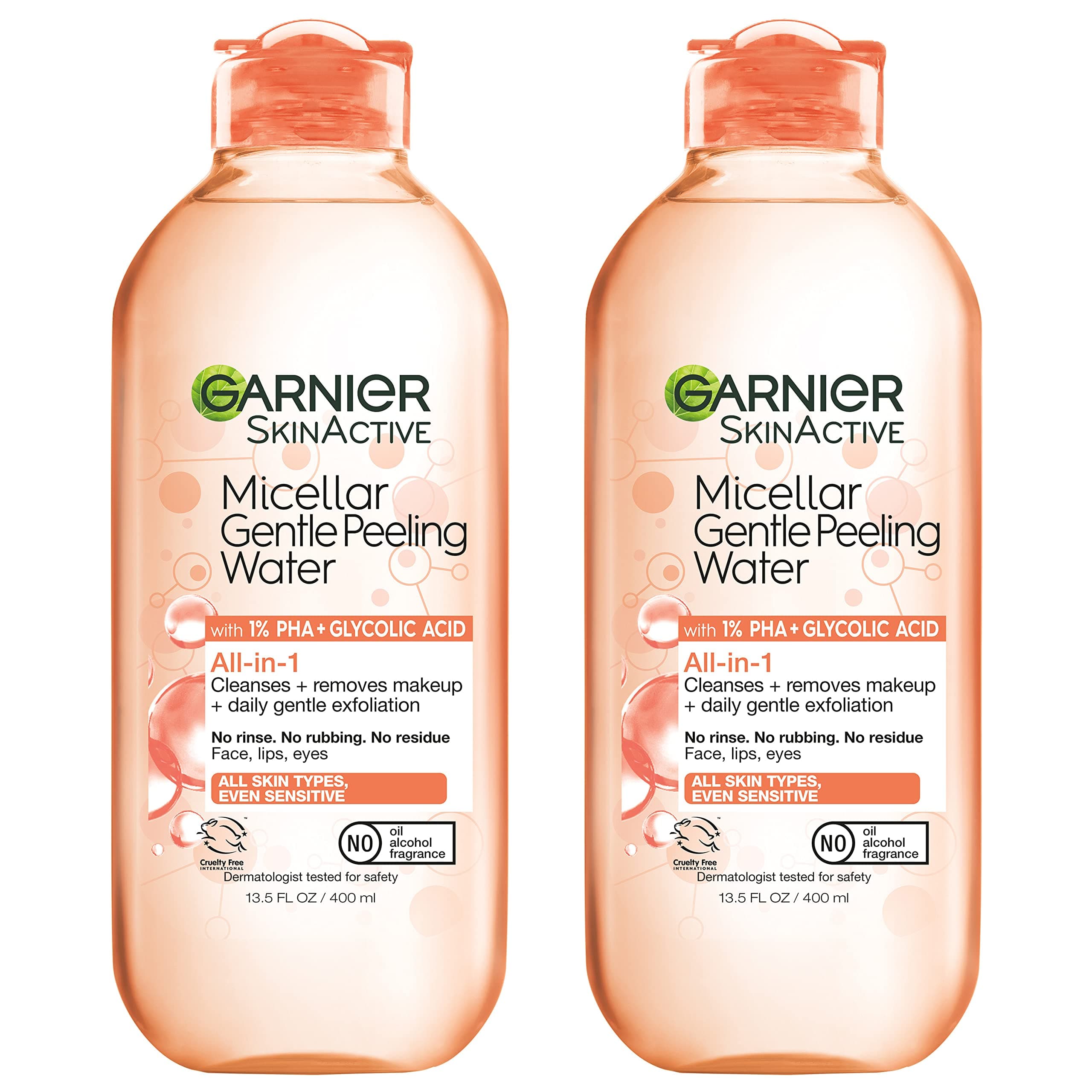 SkinActive Gentle Peeling Micellar Water with 1% PHA and Glycolic Acid, Face Exfoliant, Facial Cleanser and Makeup Remover, 2 Pack