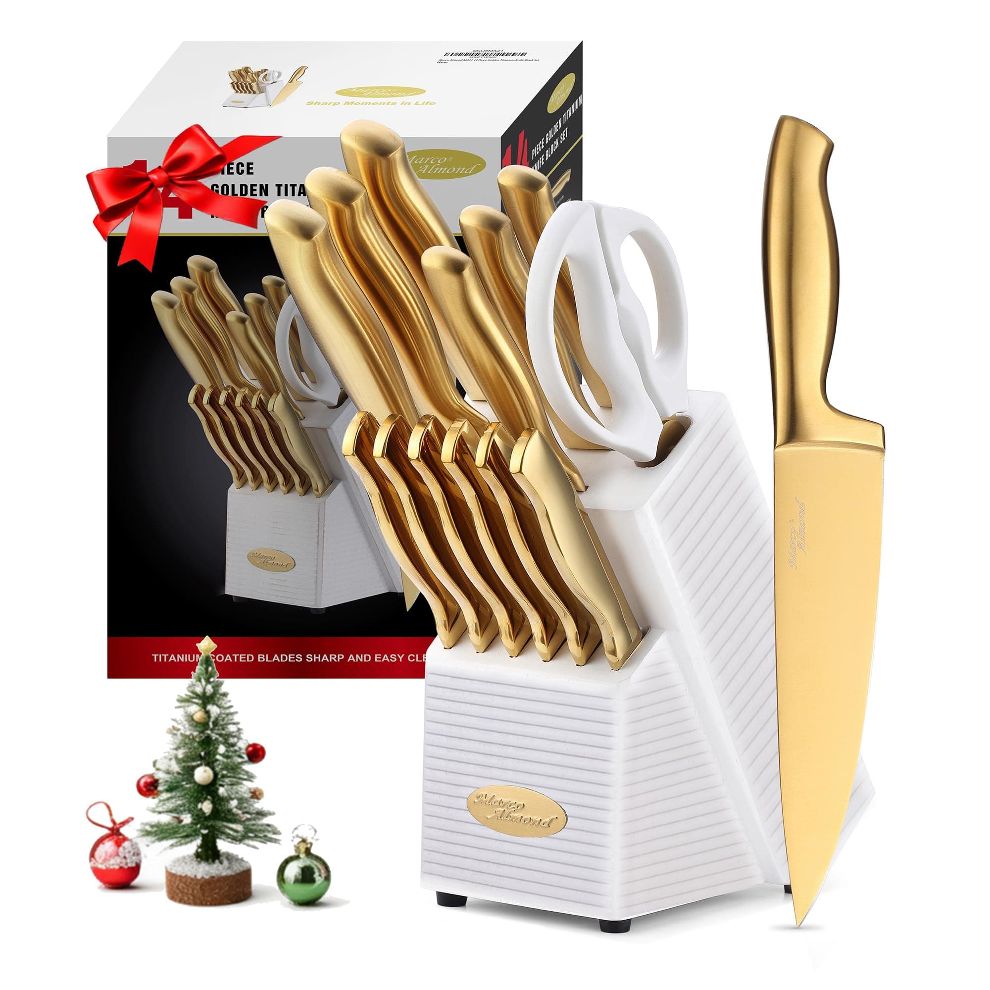Marco Almond® Gold Knife Set, Knife Block Set MA21, Titanium Coated 14 Piece Stainless Steel Chef Gold Kitchen Knife Set with White Block
