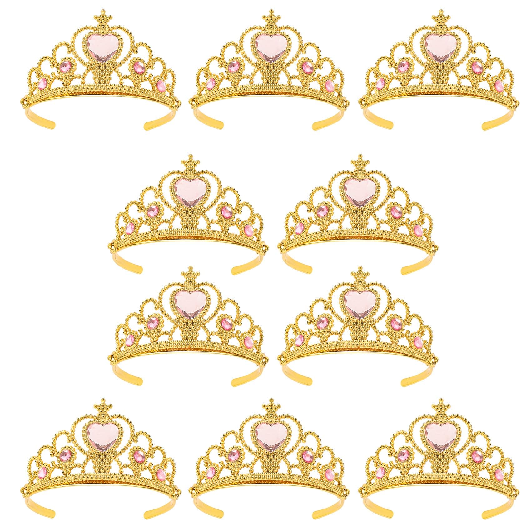 Princess Dress Up Crowns and Tiaras for Child from 3 Years Up Party Favors Pink Tiara Plastic Gold Tiara(10 Pack) (Heart Pink)