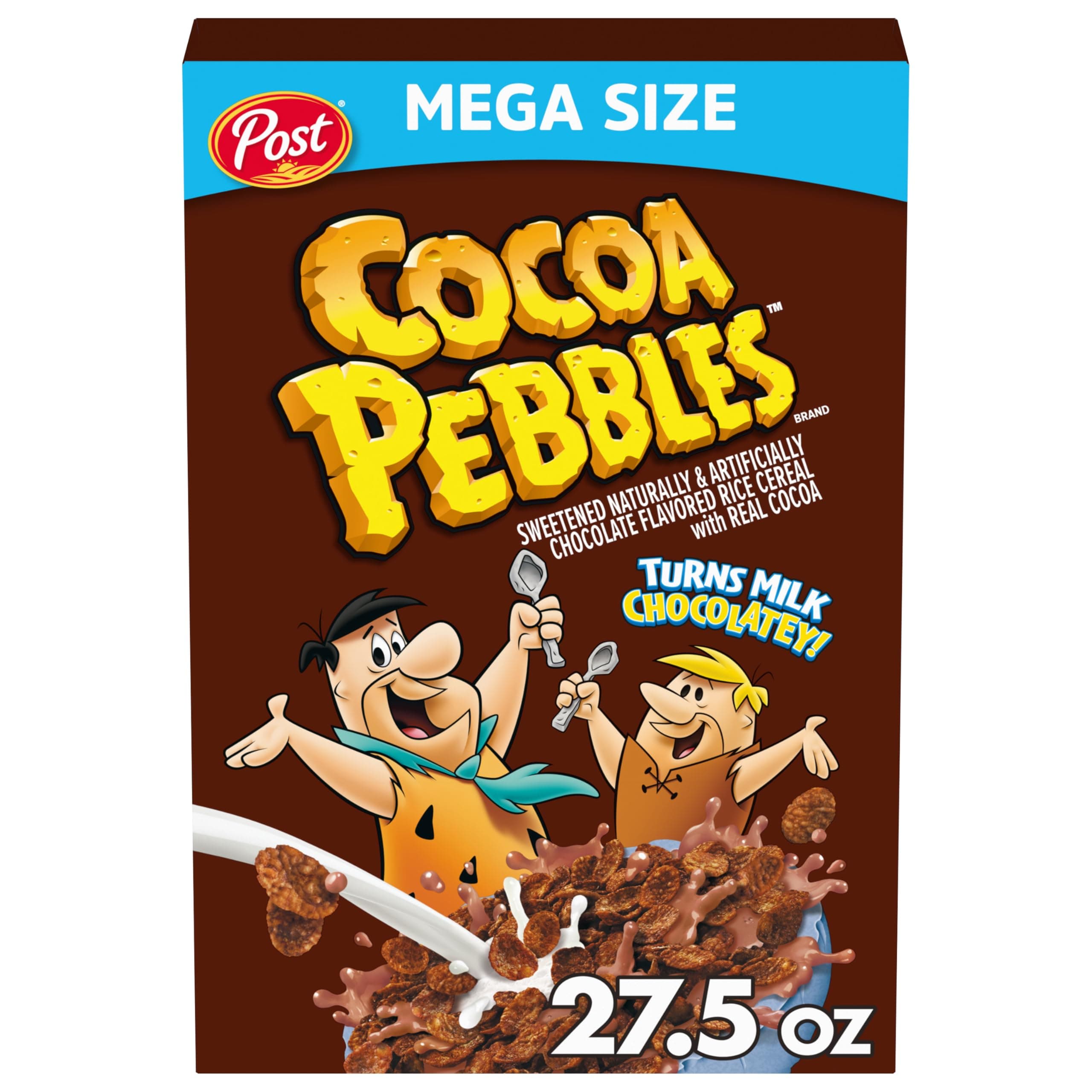 Cocoa PEBBLES Cereal, Chocolatey Kids Breakfast, Gluten Free Rice Crunch, 27.5 oz Mega Size Cereal Box