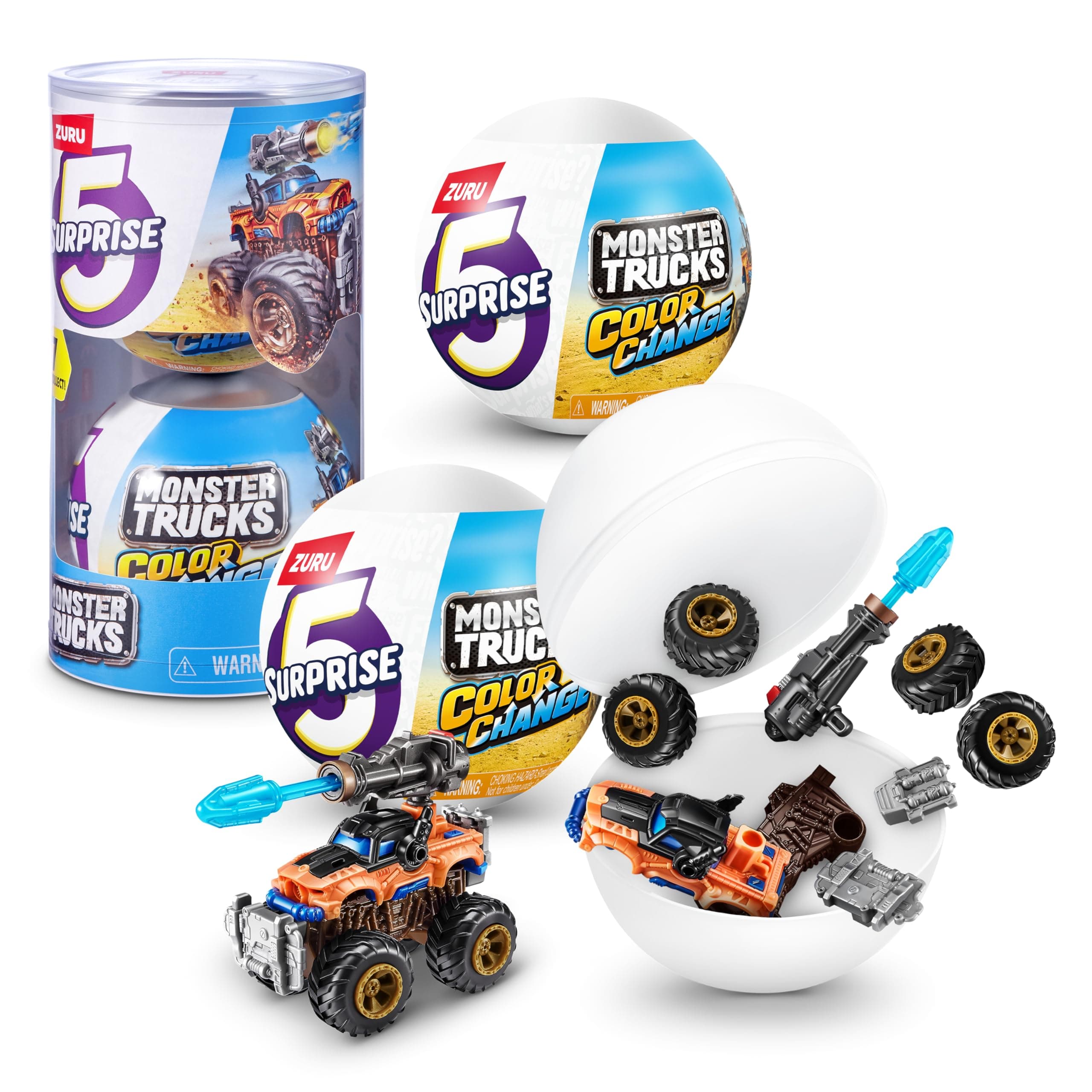5 Surprise Monster Trucks Colour Change, Series 3, Mystery Collectible Miniature Figures, Collectible Racing Battle Surprise Fireable Weapons Action Toys for Boys (2 Capsules)