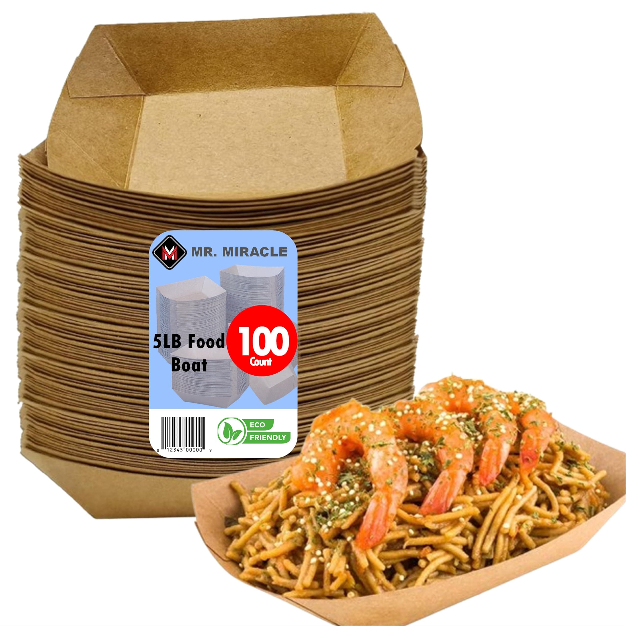 Mr Miracle Paper Food Trays, Kraft Paper. Extra Large (5LB). 100 Pack, Disposable, Recyclable Serving Boats.For Condiments, Snacks & Concession Food, Grease Ressistant