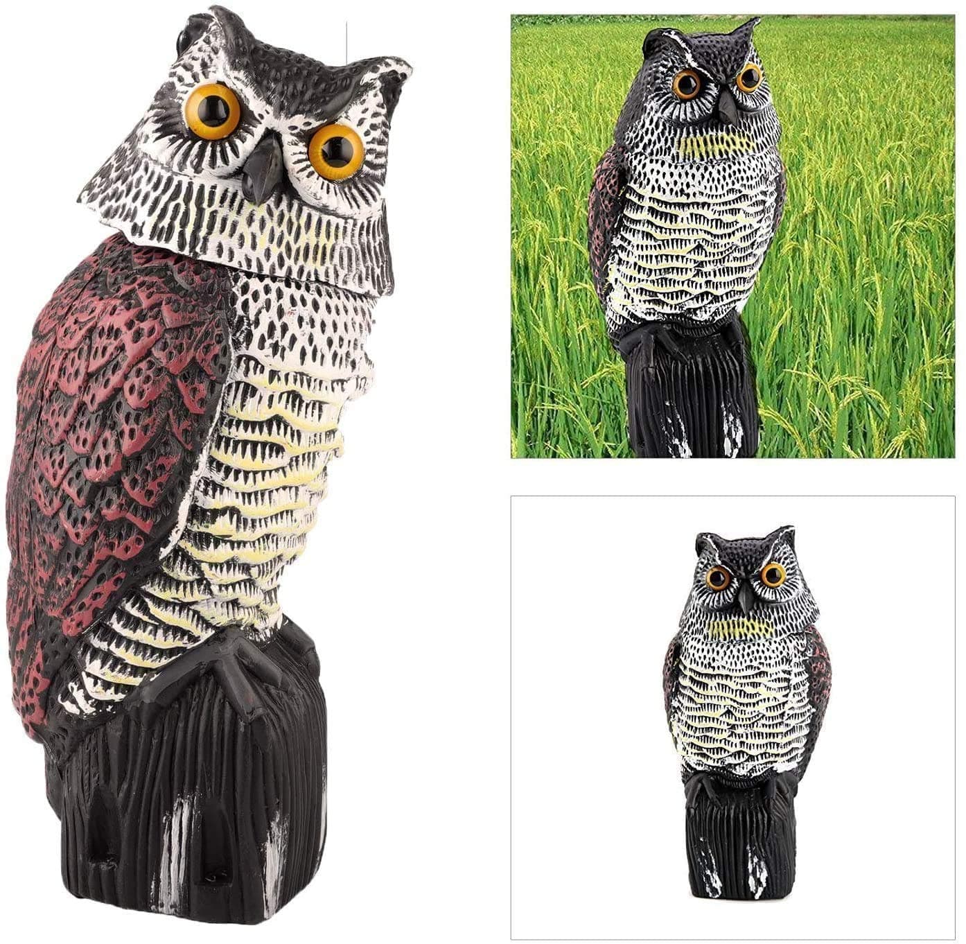 Fake Owl Scarecrow Sculpture with Rotating Head for Outdoor Garden Yards