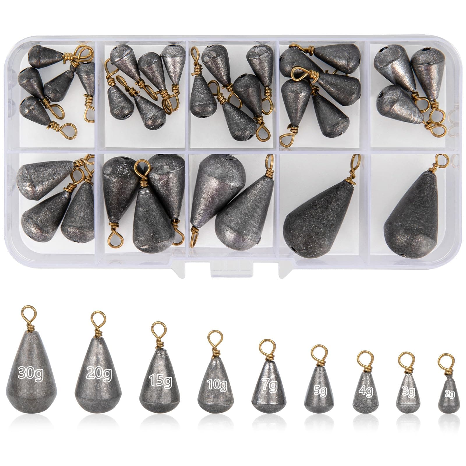 DINGBLUE 33 Pcs Fishing Weights, Mixed 9 Sizes Deep Sea Fishing Weights 2g 3g 4g 5g 7g 10g 15g 20g 30g Iron Fishing Sinkers Tackle Kit with Swivel for River Saltwater Freshwater