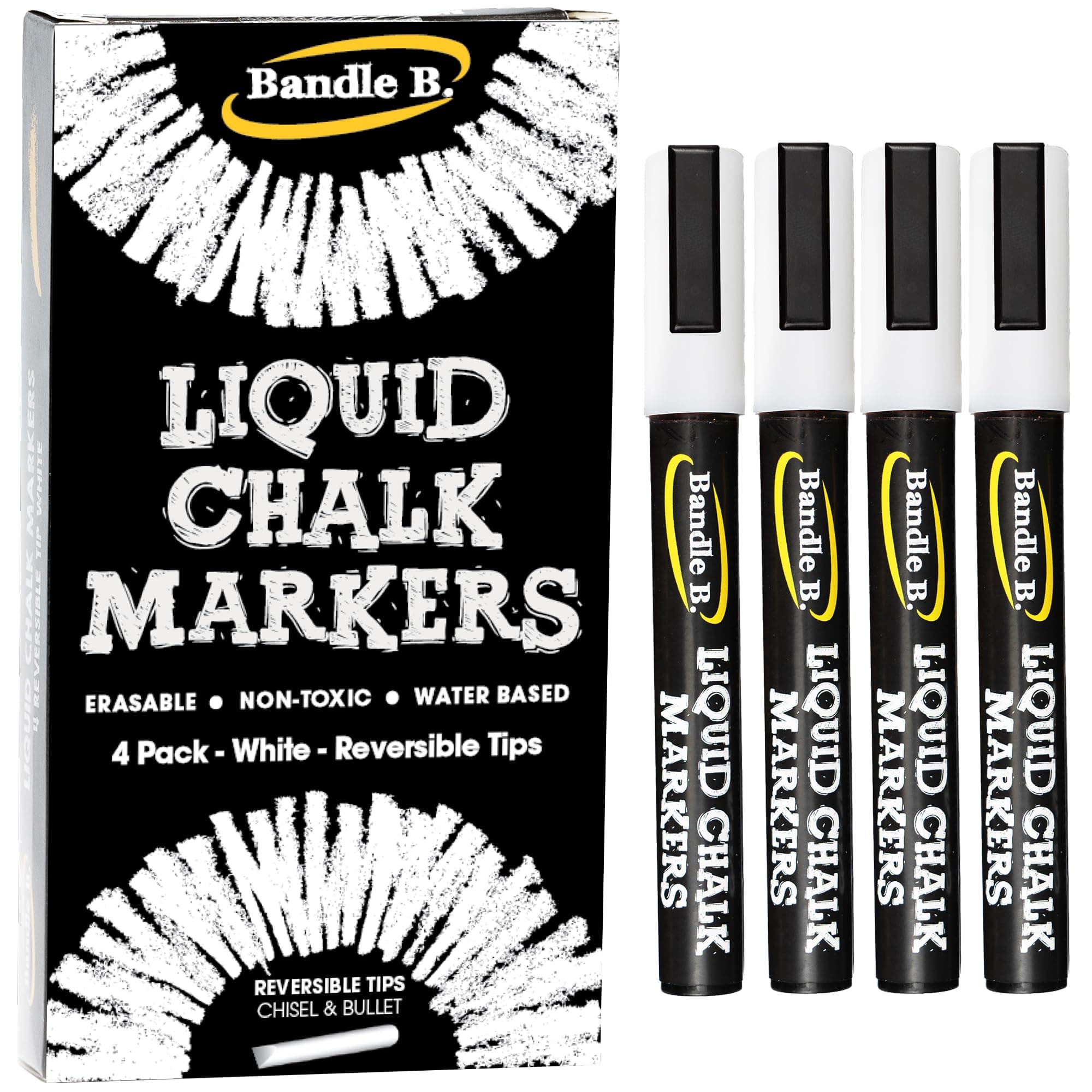 Bandle B. 4-Pack White Erasable Chalk Markers - Non-Toxic, Water-Based, Reversible Tips For Kids & Adults, Glass & Chalkboards