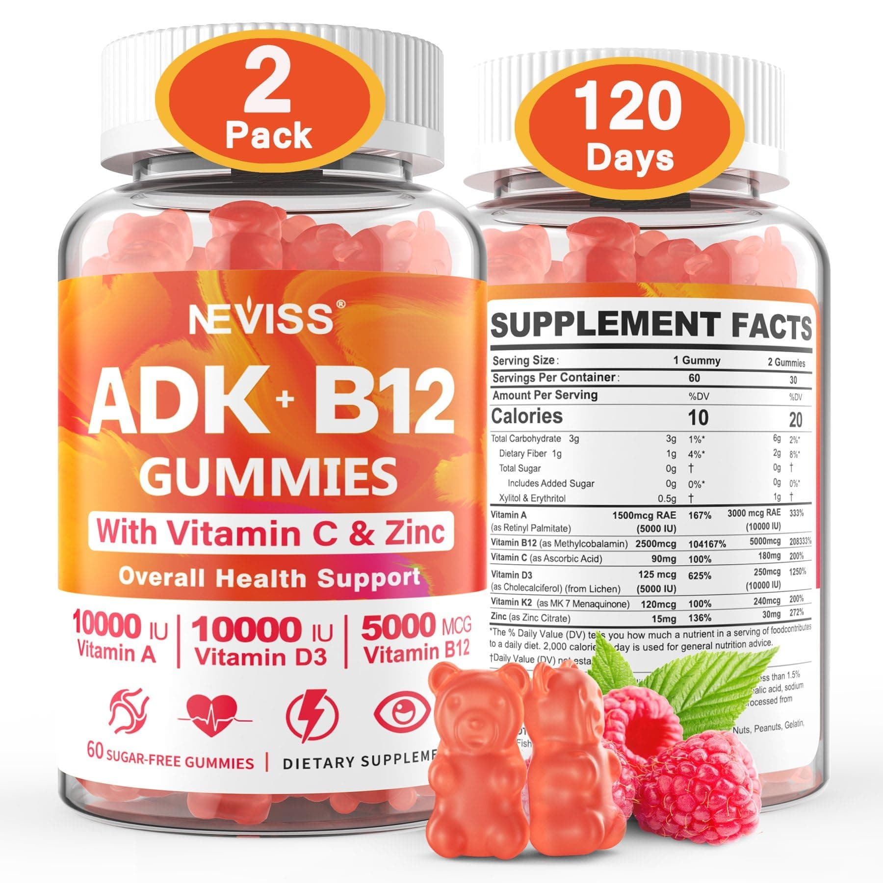Sugar-Free ADK+Vitamin B12 Gummies - Vitamin D3 K2 10,000IU/ 5000IU, B12 5000mcg 2500mcg, K2 (MK-7) 240mcg, Multivitamin Adults-Vitamin A,Vegan Vitamin D,Methyl B12,C,Zinc-Eye,Bone,Energy,Nerve,Immune