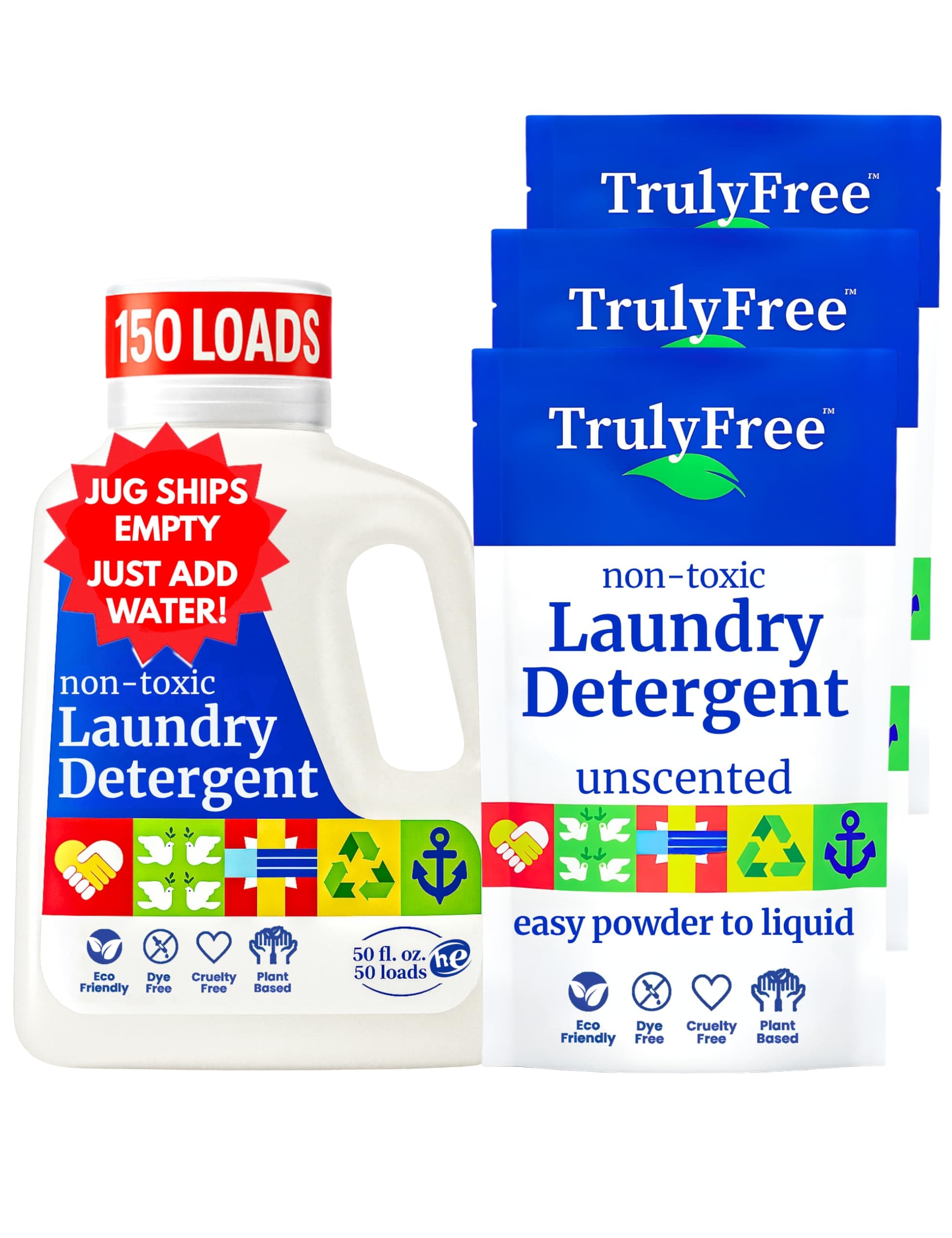 Truly Free Laundry Wash Detergent for Sensitive Skin, Gentle & Safe for Baby Clothes | Plant-Based, Natural Ingredients | Unscented | Include 1 Refillable Bottle (150 Loads)