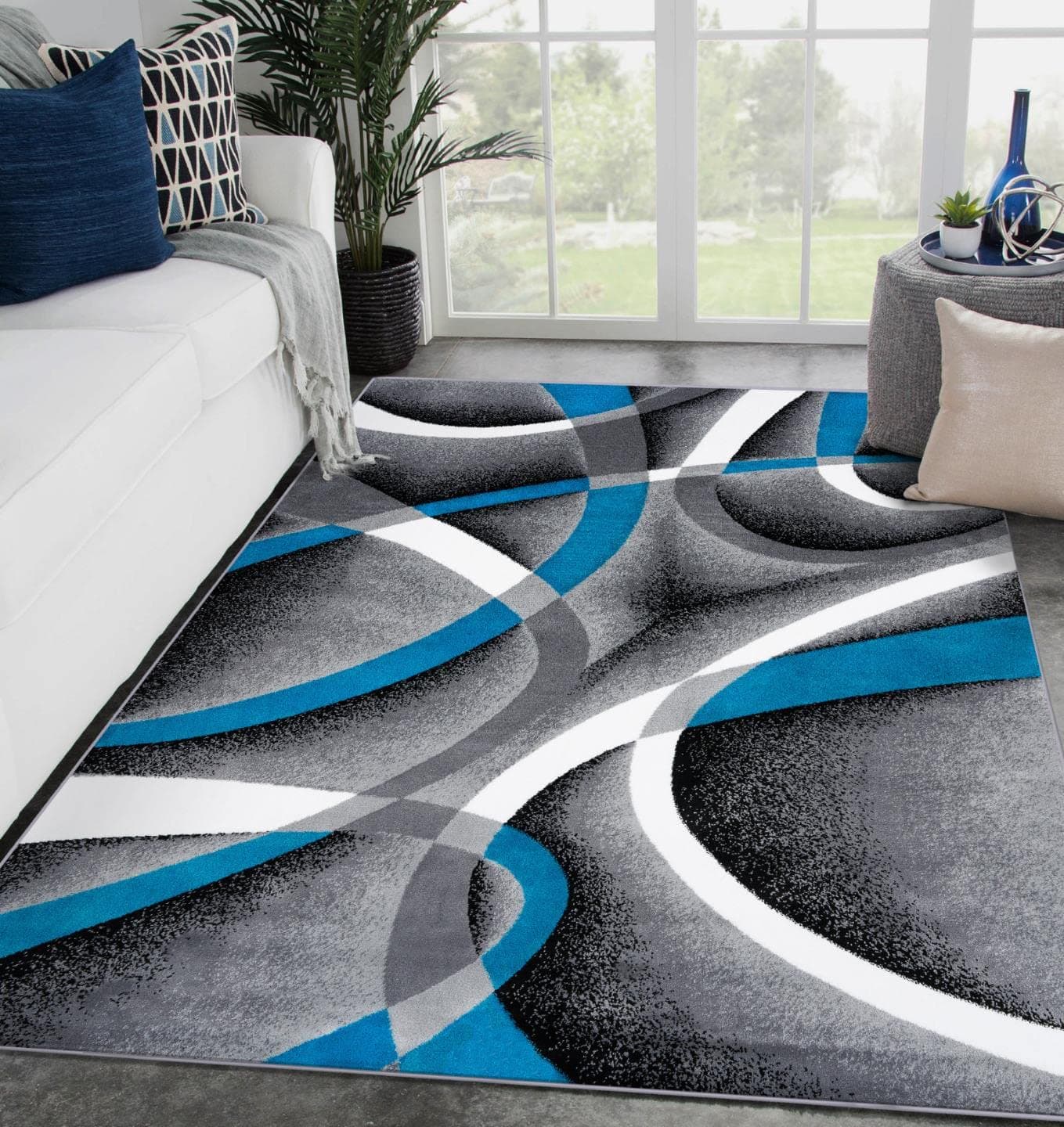 2305 Turquoise White Swirlss 3'11 x 5'4 Modern Abstract Area Rug Carpet