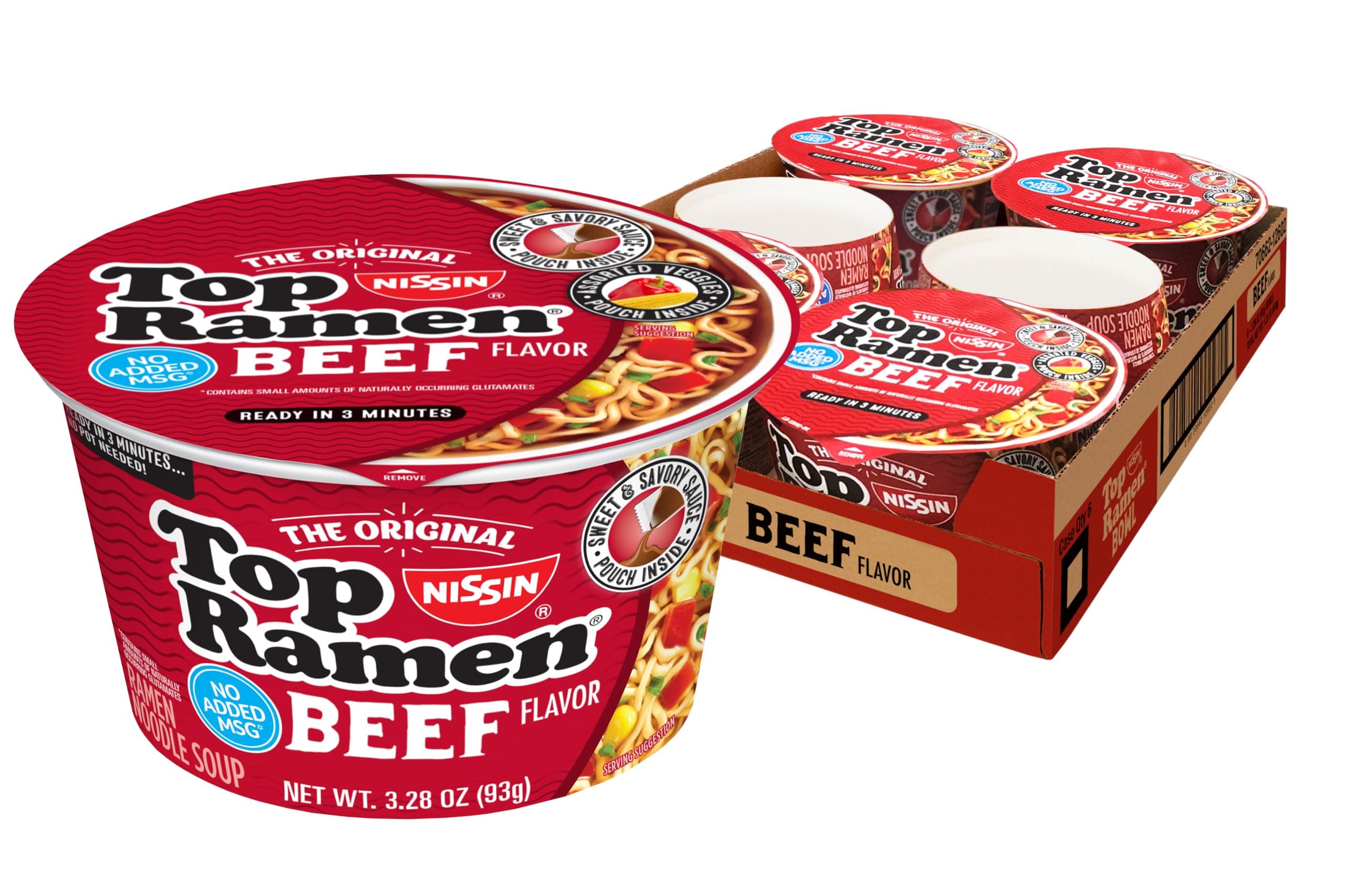 Top Ramen Bowl Ramen Noodle Soup, Beef, 3.28 Ounce (Pack of 6)