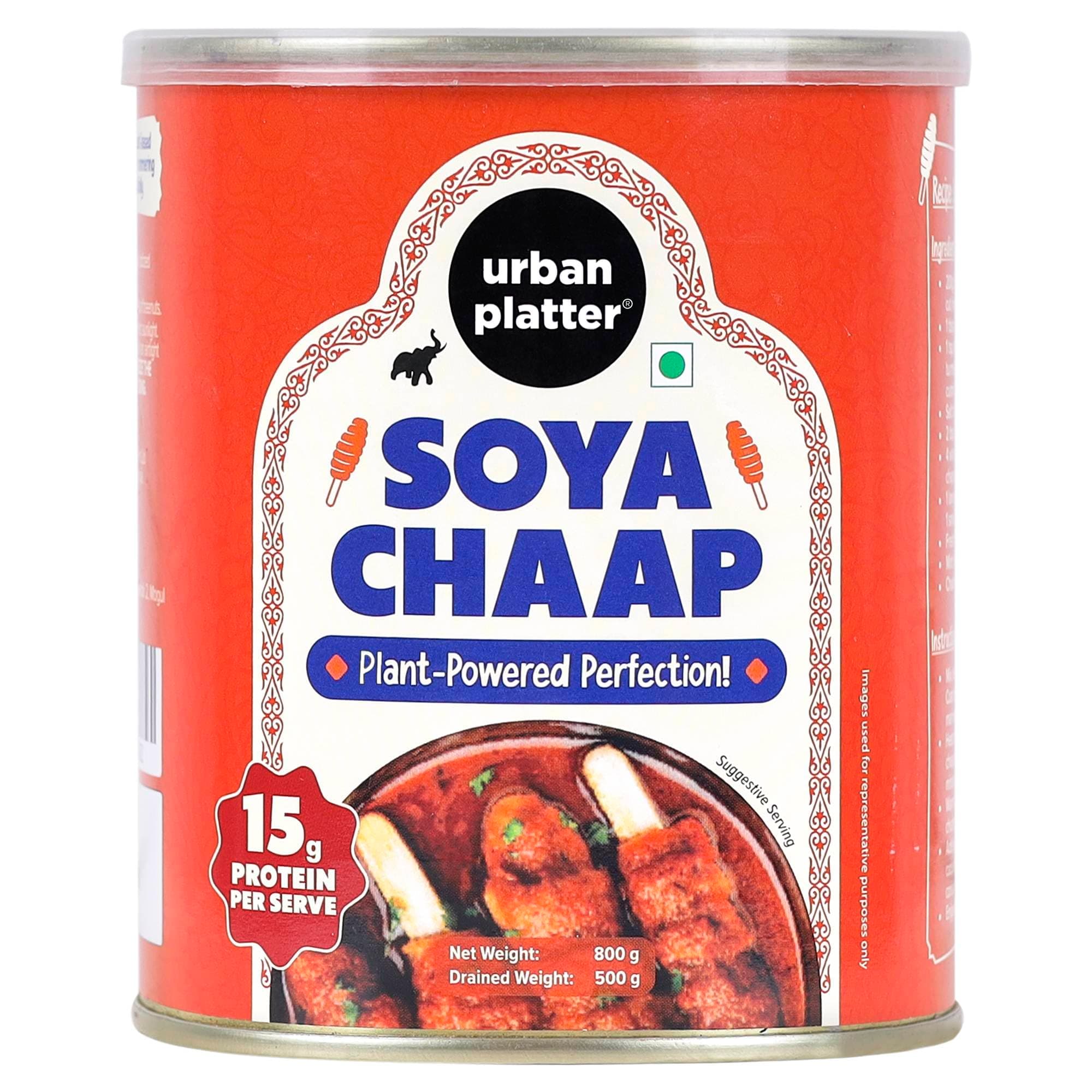 Urban Platter Soya Chaap in Brine, 800g (Canned | Chunks on Stick | Drained Weight - 500g, Rich in Plant Protein| Soy Chap)