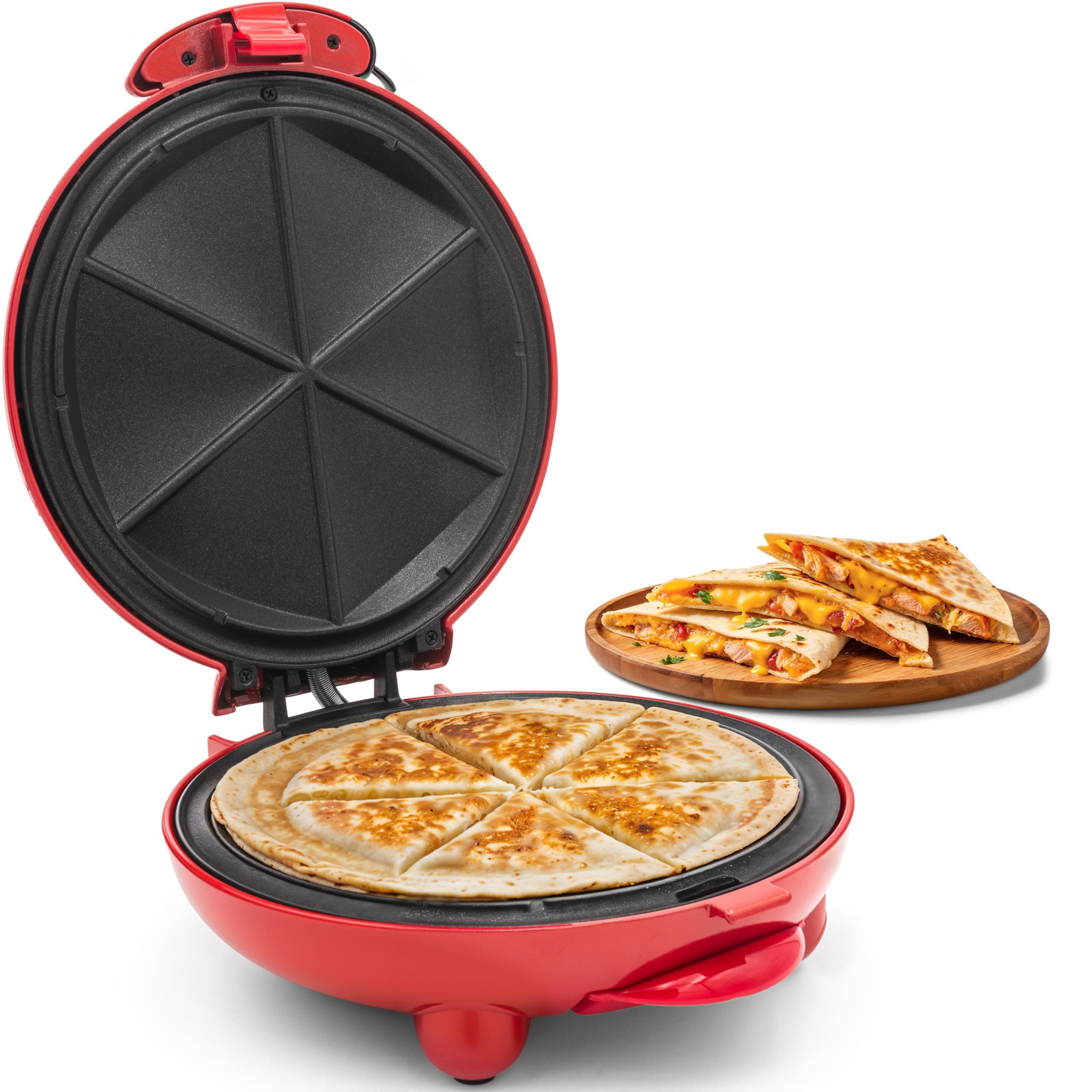 Elite Gourmet EQD-413 Electric Non-Stick 8" Quesadilla Maker, Easy-Slice 6-Wedge, Grilled Cheese Corn Flour Tortilla Snacks, Red