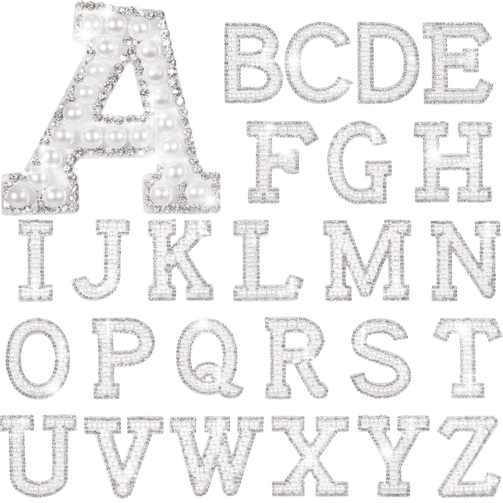 Waydress 26 Piece Rhinestone Iron on Patch A to Z Letter Appliques Adhesive White Pink Colorful Pearl Bling Patch Glitter Alphabet Embellishments for DIY Craft Supplies(Solid White)