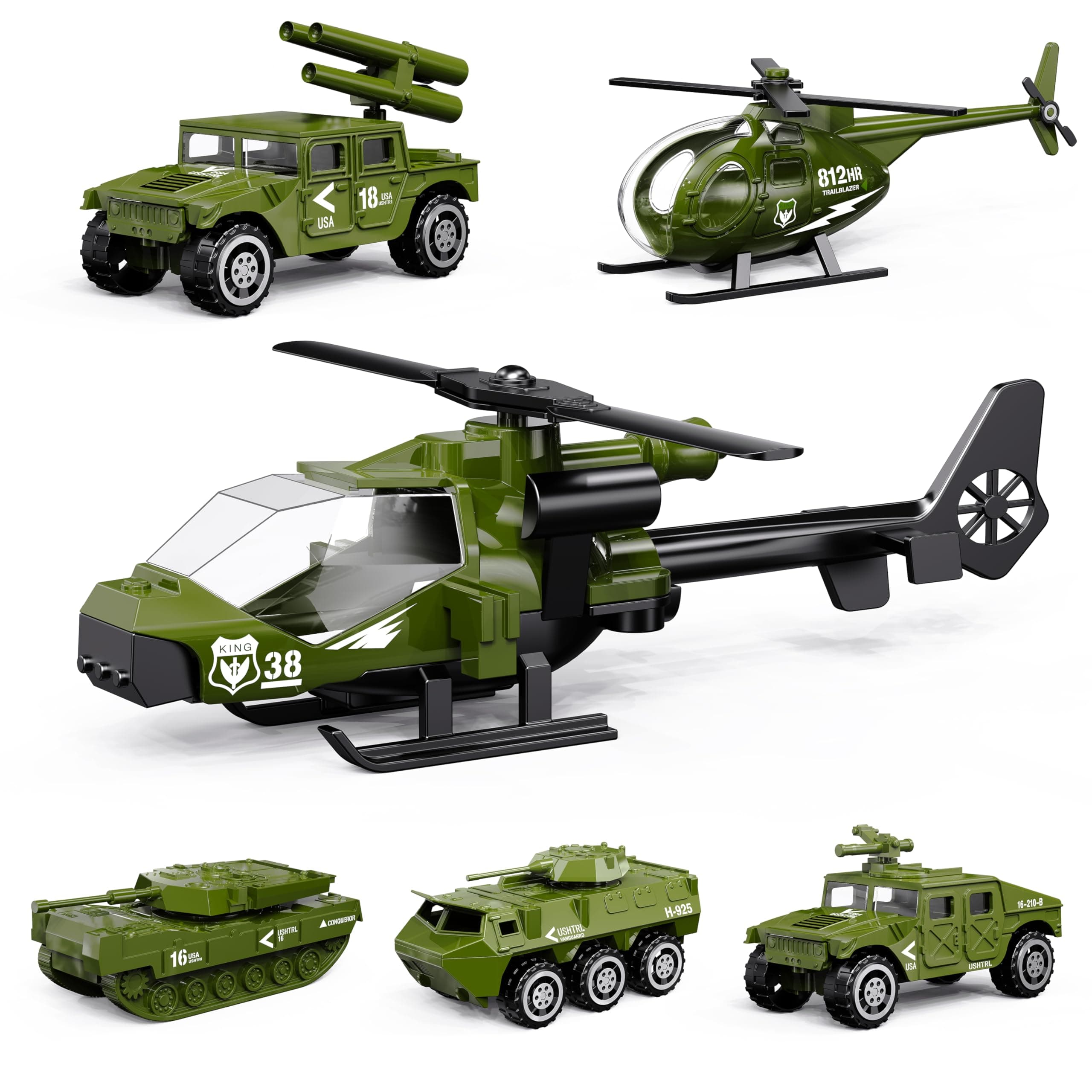 Die-cast Military Vehicles, Metal Army Vehicles Toys 6 in 1 Assorted Army Car Models Tank,Jeep,Anti-Air Vehicle,Helicopter Armored Car Gift Set for Kids Toddlers Boys (Army Vehicle)