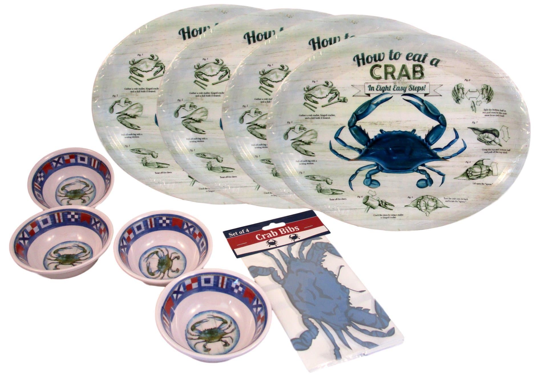 Seafood Boil Set - 4 13" Crab Platters, 4 Blue Crab Bibs, and 4 Nautical Flag Butter Bowls