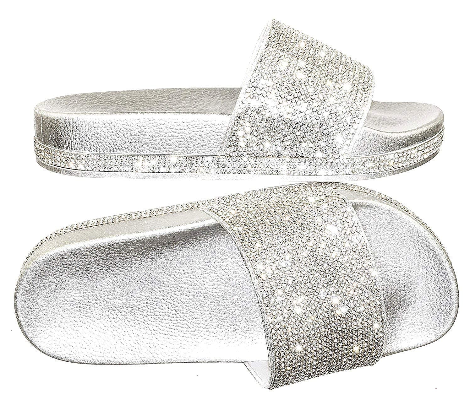 Forever Link Viste-07 Rhinestone Glitter Slide Slip On Flatform Footbed Sandal Slippers (8.5, Silver-07)