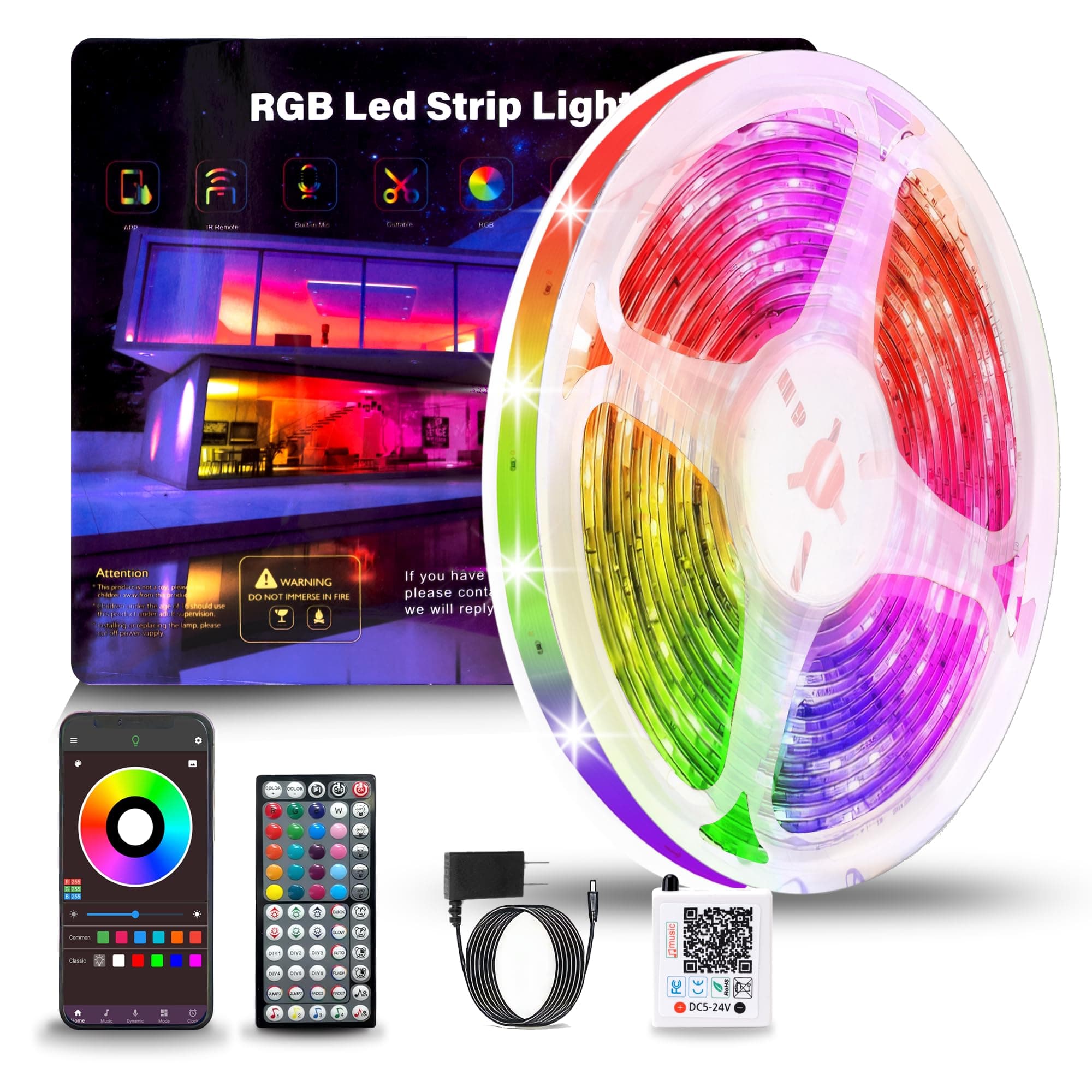 Led Lights for Bedroom, 50ft (1 Roll), RGB Color Changing LED Strip Lights with 60 Key Remote and APP Control, Music Sync LED Lights for