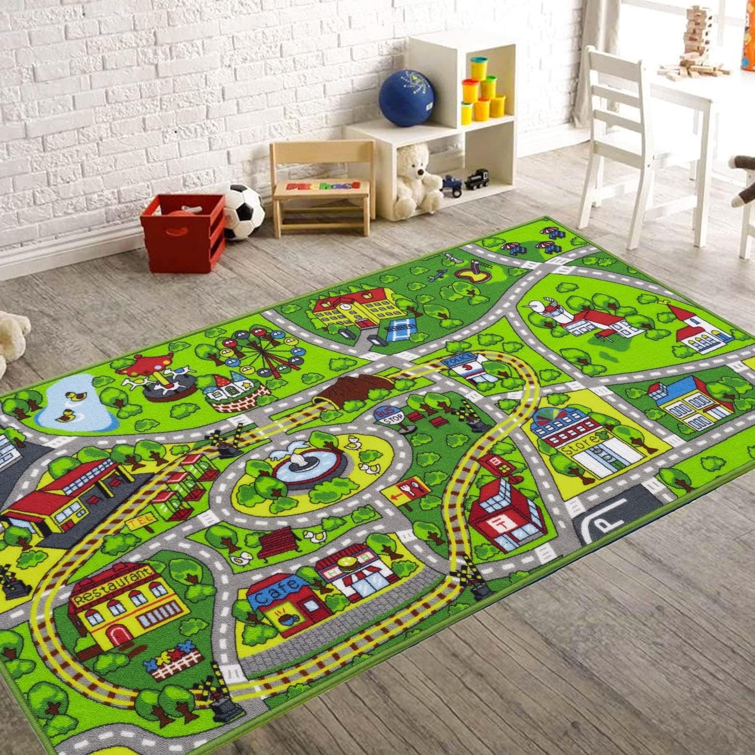 Booooom Jackson Kids' Train & City Rug - Non-Slip, Washable, Race Car Track Play Mat for Boys & Girls