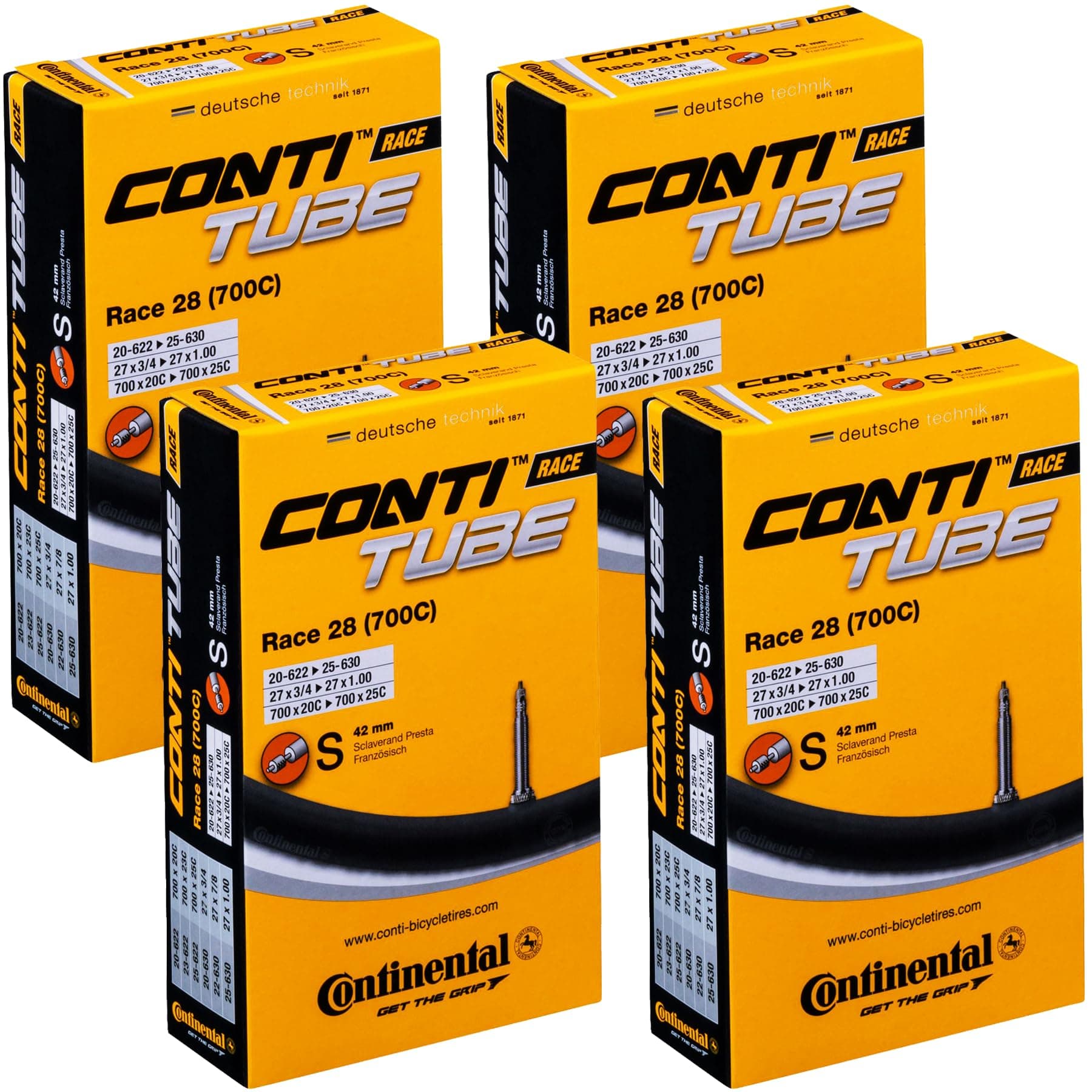 Continental Race 28" 700x20-25c Inner Tubes - 42mm Presta Valve (Pack of 4 Tubes w/Conti Sticker)