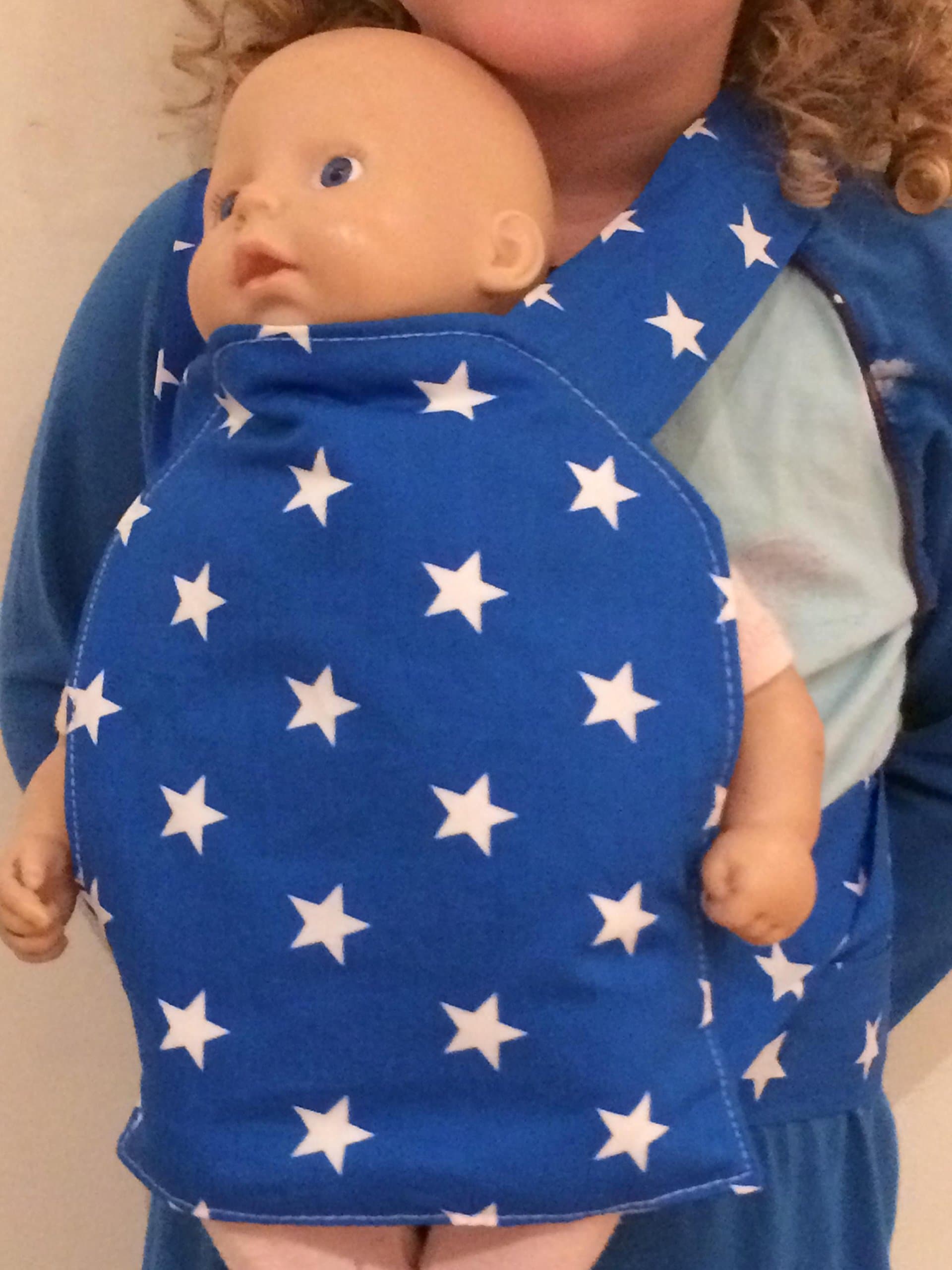 katesbabythings TOY SLING/DOLL CARRIER BLUE WITH WHITE STARS