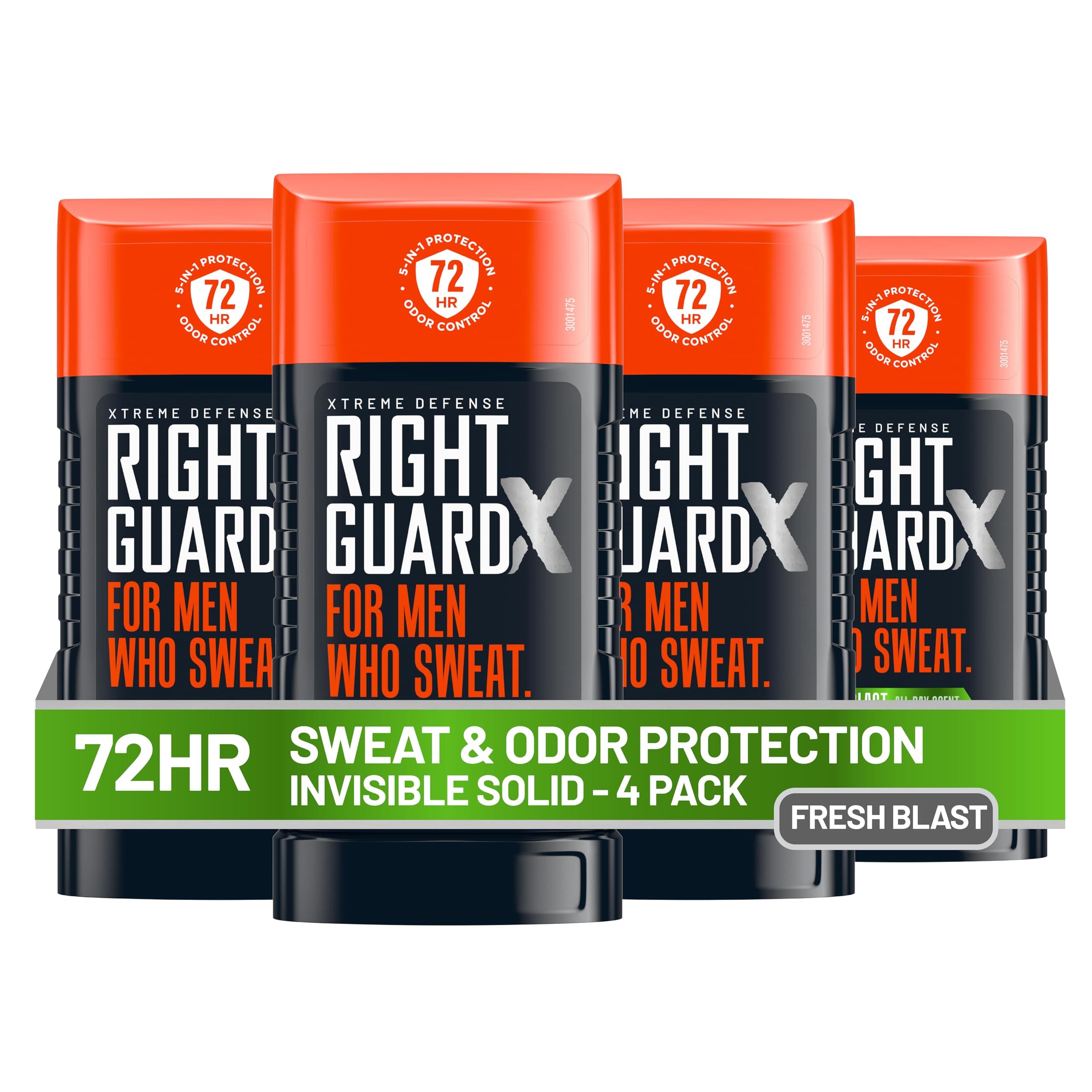 Right Guard Xtreme Defense Invisible Solid Antiperspirant & Deodorant,72-Hour Odor Control,Fresh Blast Scent, 2.6 oz. (4 count)