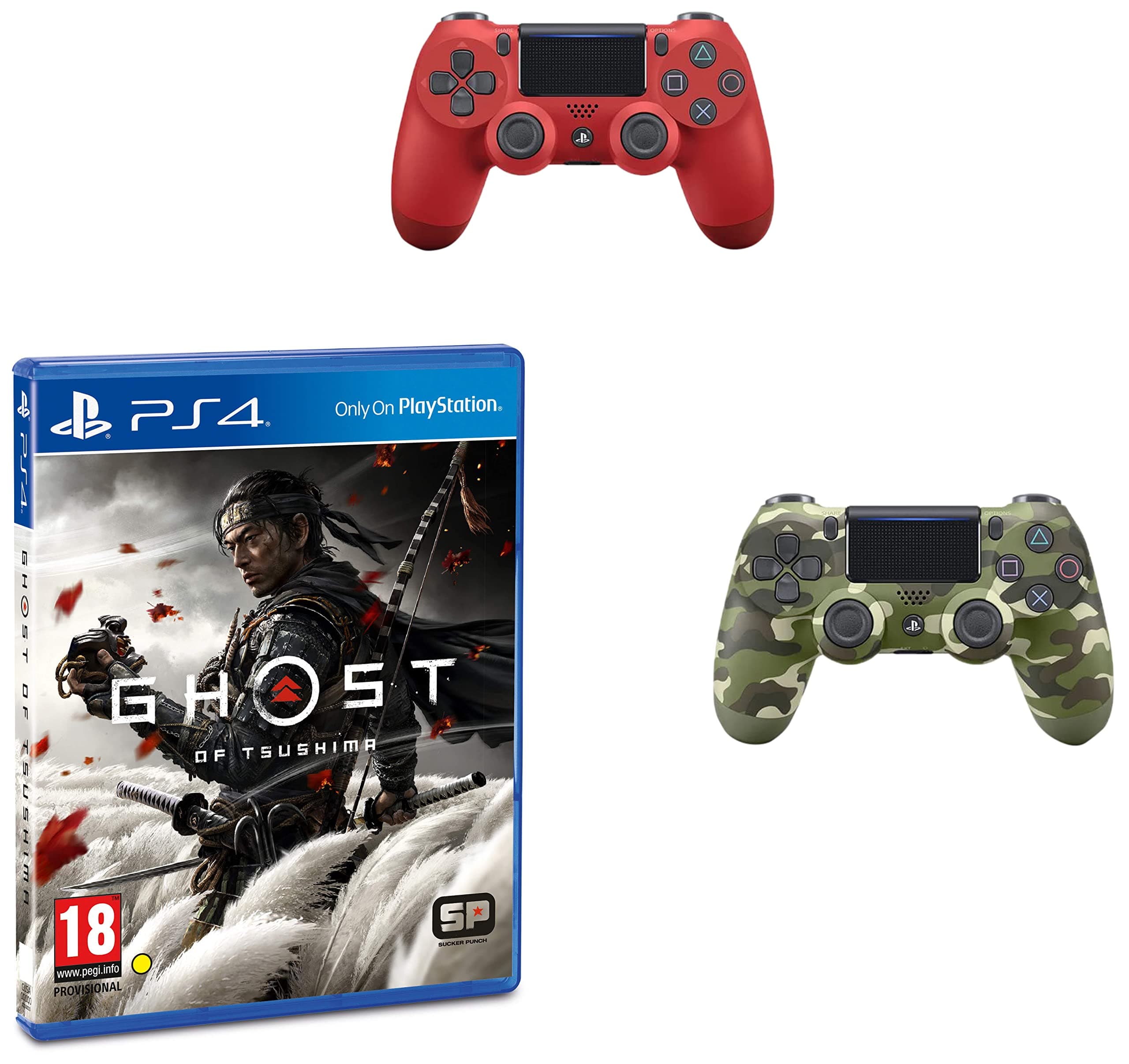 Sony Playstation 4 Dualshock Controller - V2 (Green Cammo) & Ghost of Tsushima | PS4 Game (PlayStation 4) & Sony PS4 Dualshock Magma - V2 (Red)