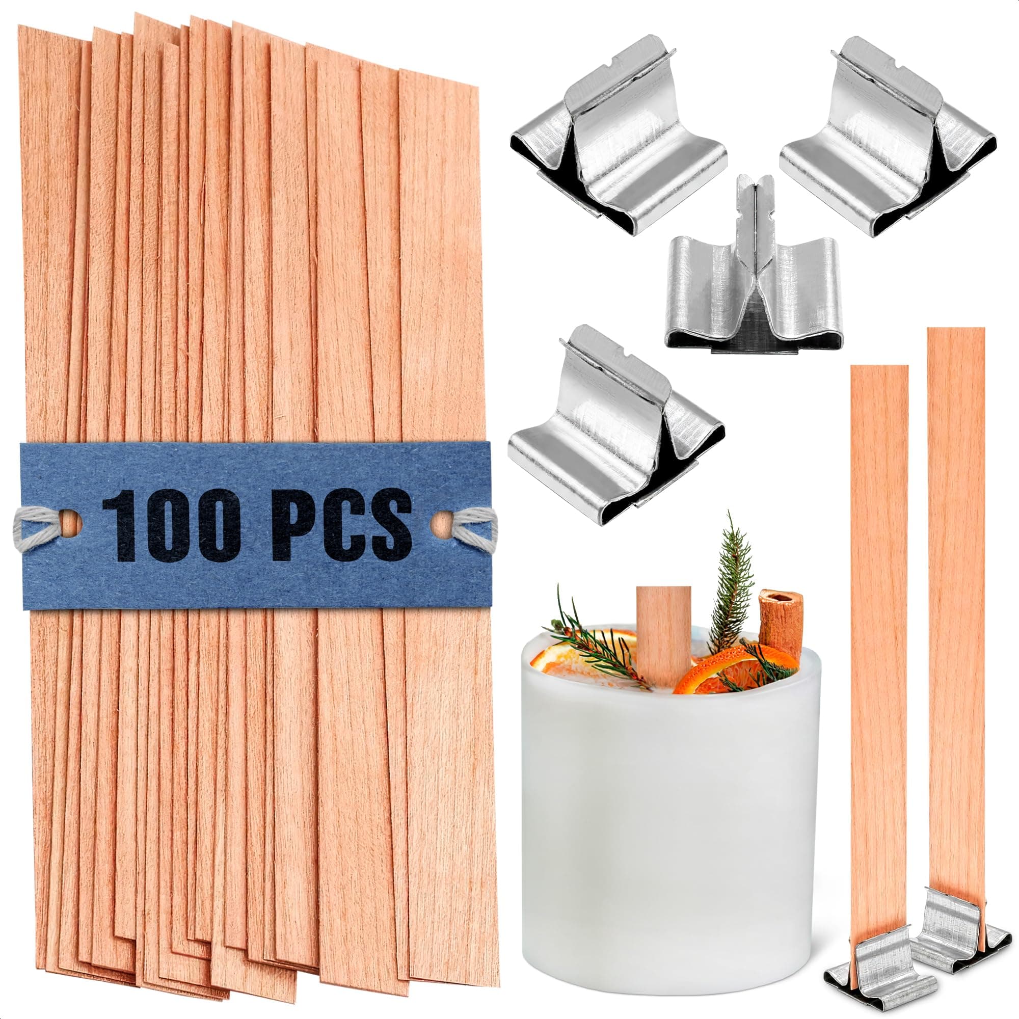 Wood Wicks for Candlemaking 100 Pcs (50 Sets) – Long Wooden Wicks for Candlemaking 5 x 0.52, for Home DIY Supplies – Includes Wood Wick and Metal Stands, Smooth Burn with Crackling Sound